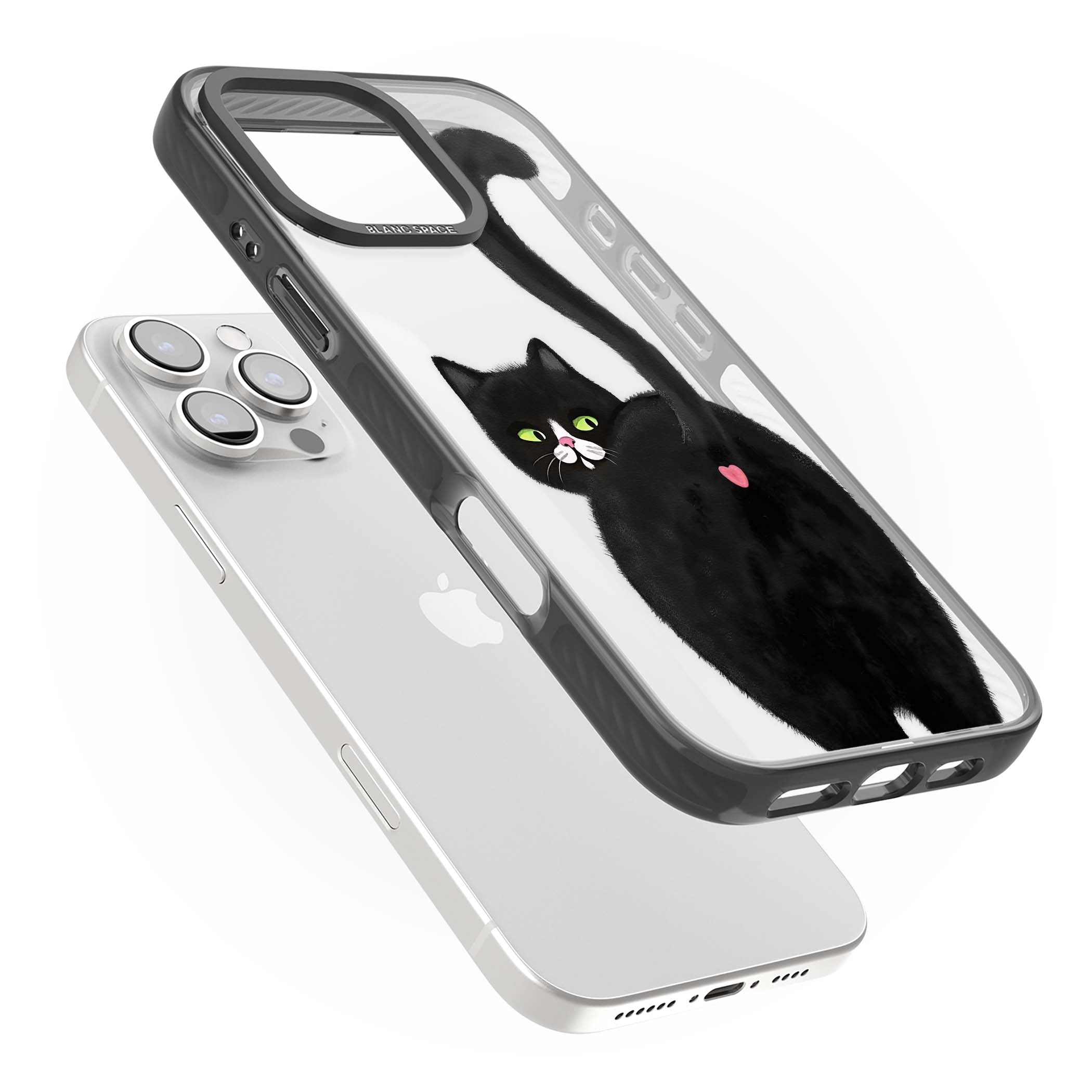 The Cat's Kiss cute cat iPhone case featuring a hand-painted tuxedo kitty with green eyes and a pink heart on a clear  | Black Impact case for iPhone 16 Pro, iPhone 16 Pro Max