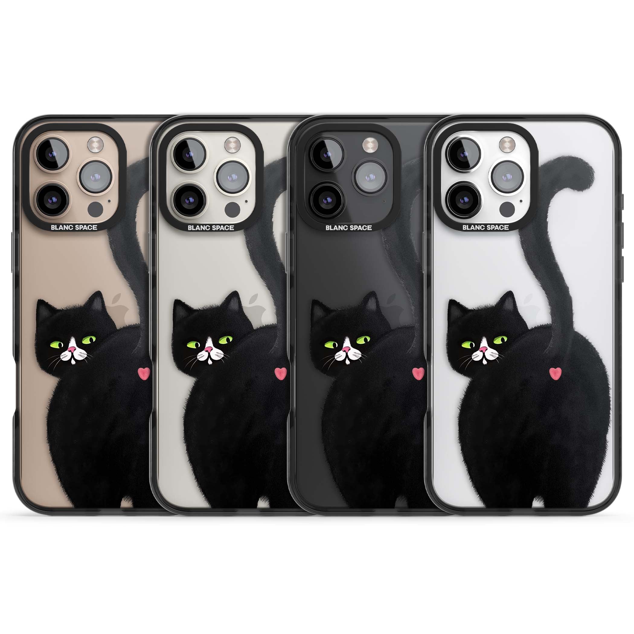 The Cat's Kiss cute cat iPhone case featuring a hand-painted tuxedo kitty with green eyes and a pink heart on a clear  | Black Impact case for iPhone 16 Pro, iPhone 16 Pro Max