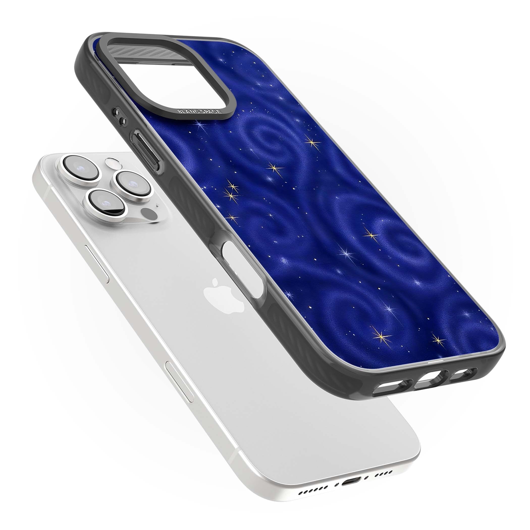 Indigo Cosmos celestial iPhone case featuring swirling navy night sky and sparkling golden stars | Black Impact case for iPhone 16 Pro, iPhone 16 Pro Max