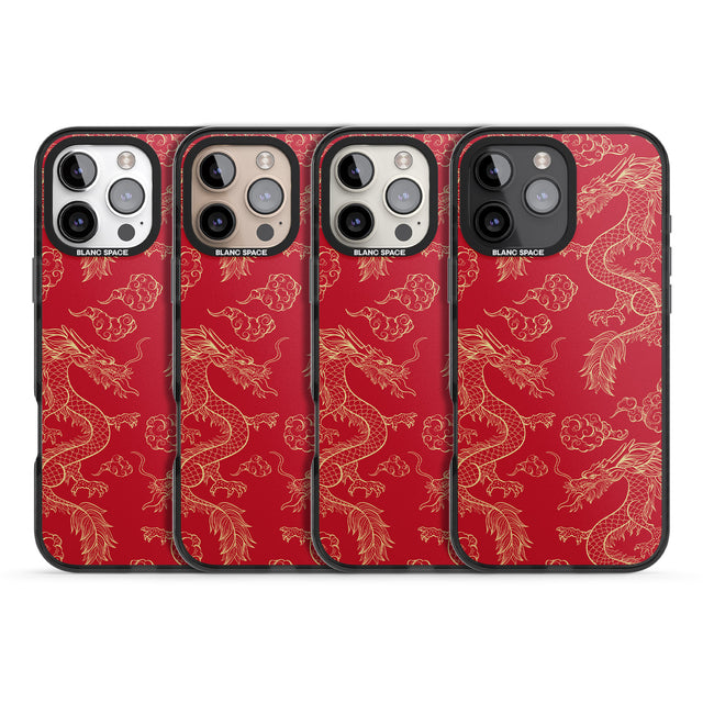 iPhone 16 Pro Max Red and Gold Dragon Pattern Black Impact Phone Case