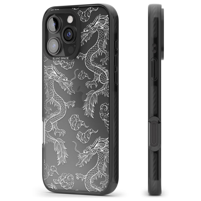 iPhone 16 Pro Max White Dragon Pattern Black Impact Phone Case