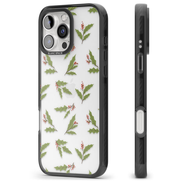 iPhone 16 Pro Max Christmas Holly Pattern Black Impact Phone Case