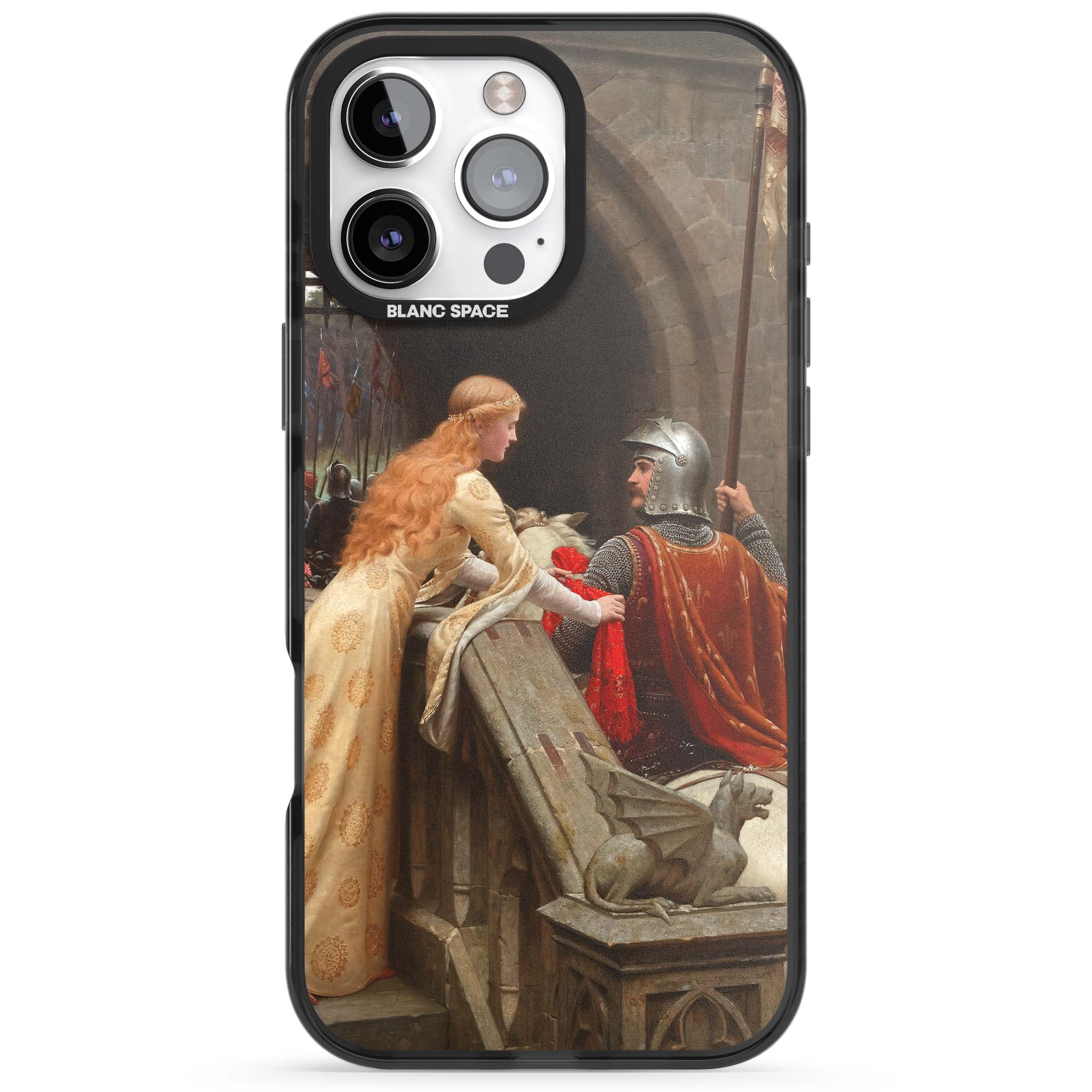God Speed fine art iPhone case featuring Edmund Blair Leighton's medieval knight and lady beneath a stone archway | Black Impact case for iPhone 16 Pro, iPhone 16 Pro Max