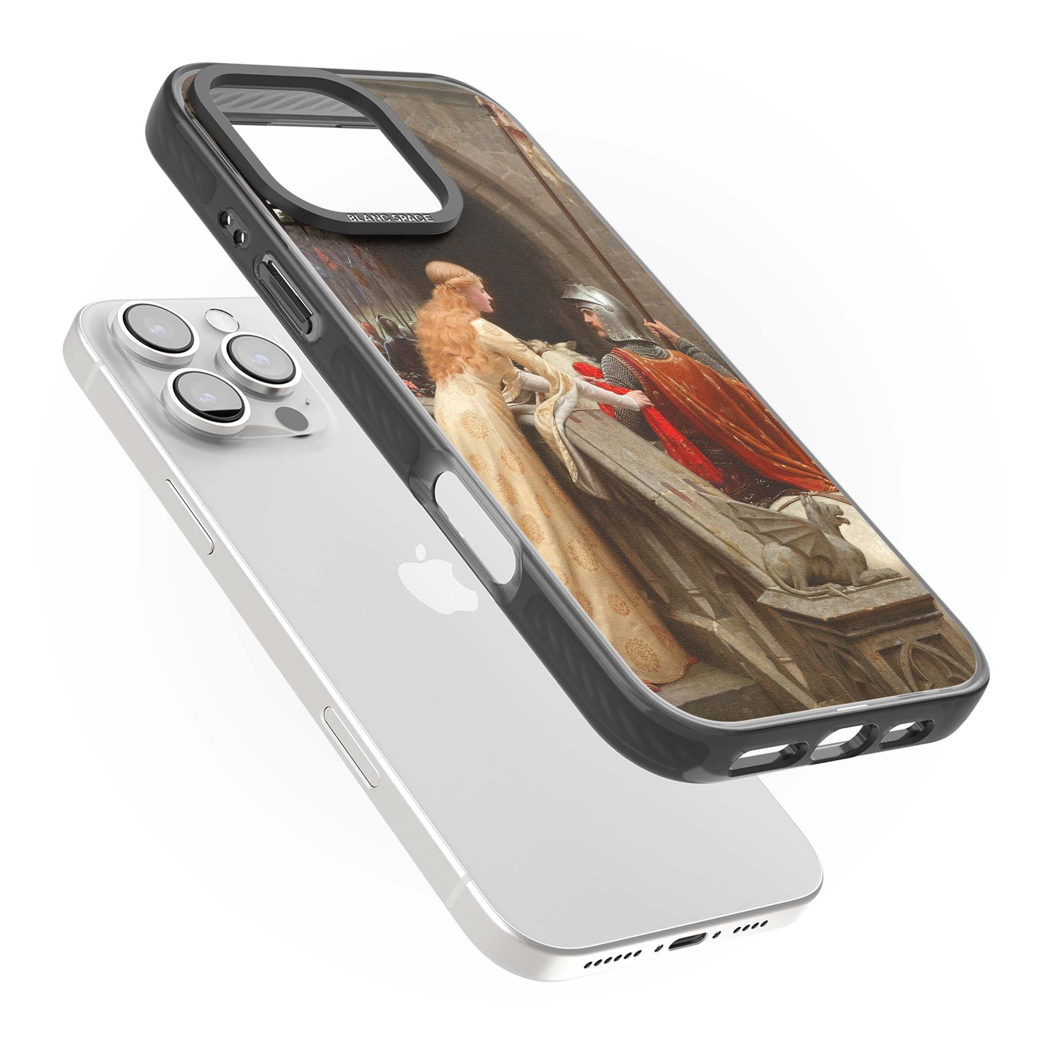God Speed fine art iPhone case featuring Edmund Blair Leighton's medieval knight and lady beneath a stone archway | Black Impact case for iPhone 16 Pro, iPhone 16 Pro Max