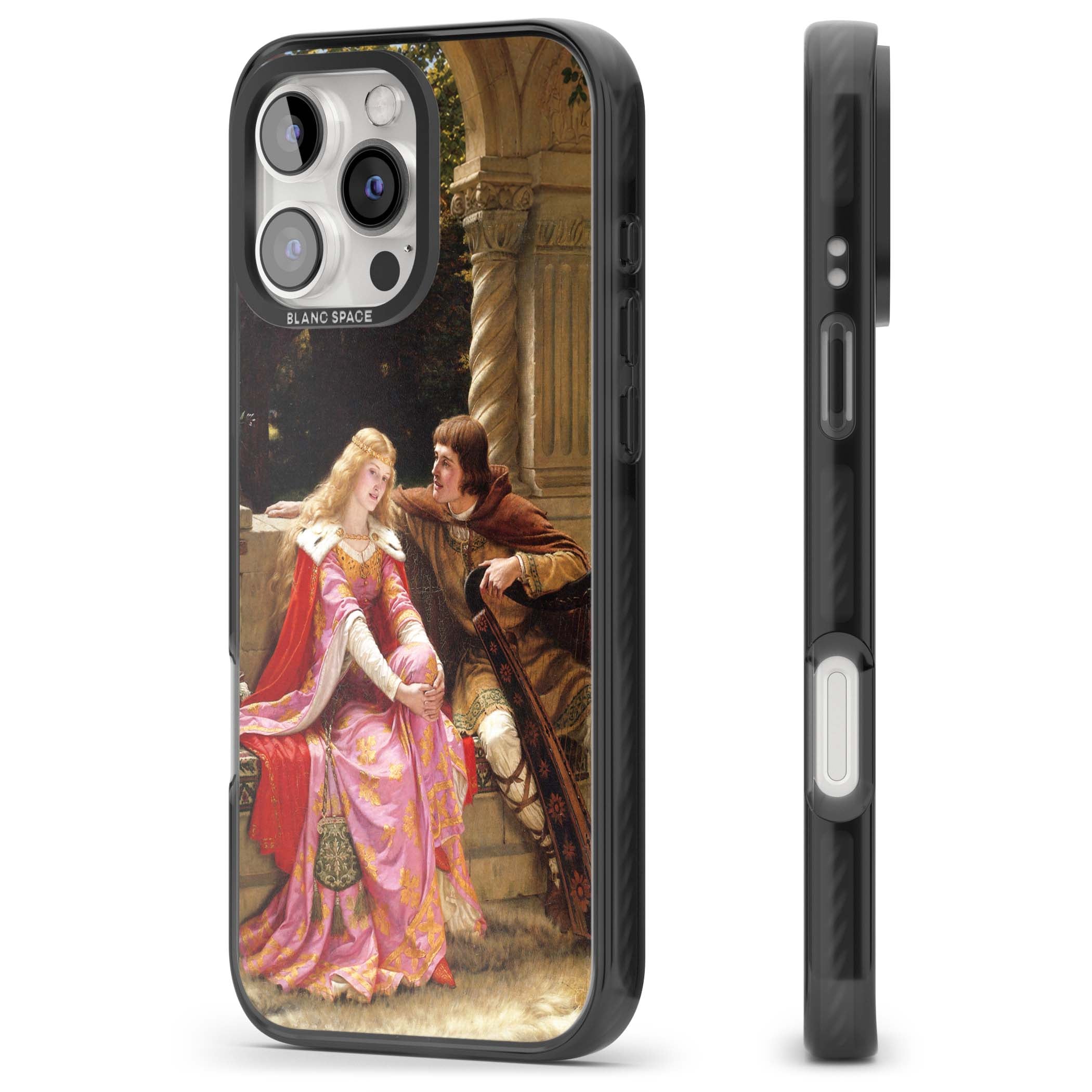 The End of the Song classic art iPhone case featuring a medieval lady in pink gown and her knight in a stone archway | Black Impact case for iPhone 16 Pro, iPhone 16 Pro Max