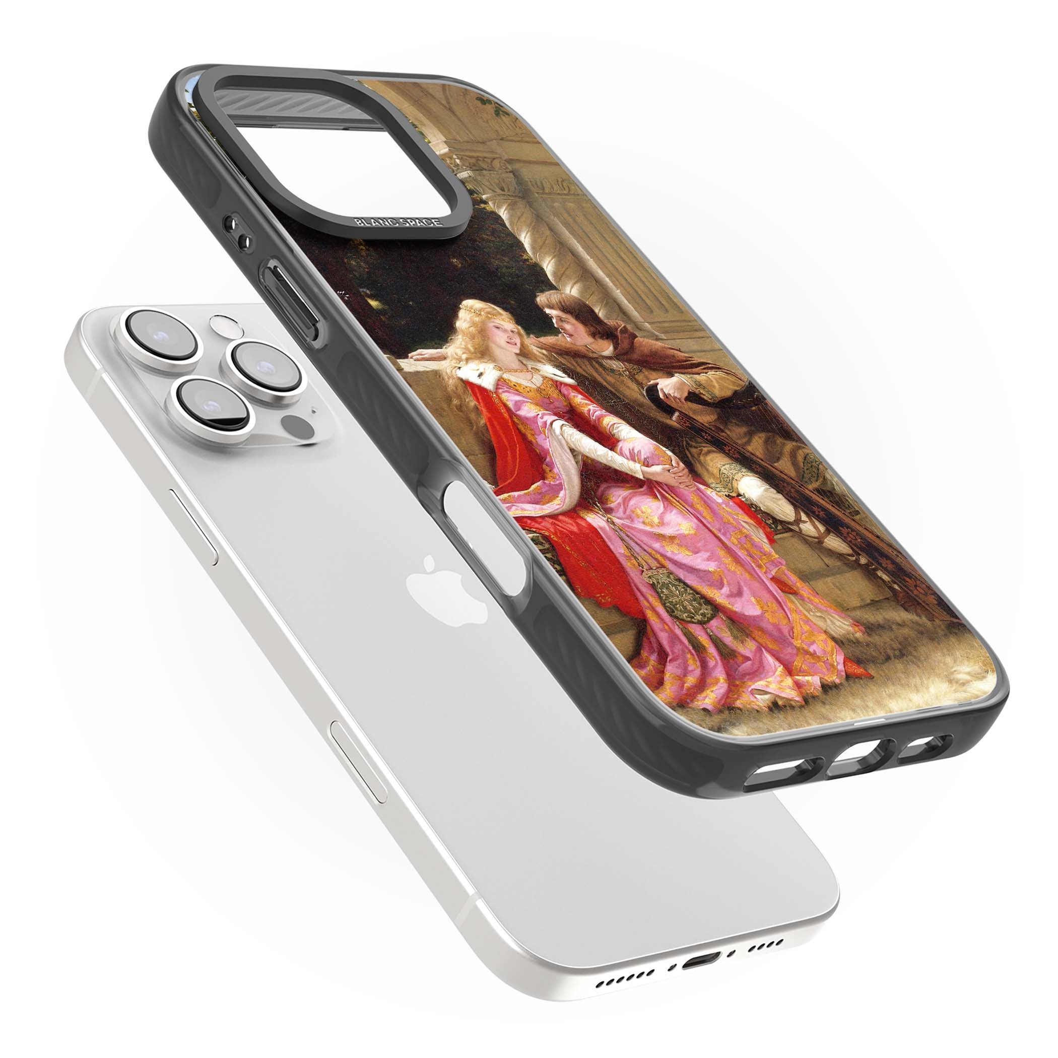 The End of the Song classic art iPhone case featuring a medieval lady in pink gown and her knight in a stone archway | Black Impact case for iPhone 16 Pro, iPhone 16 Pro Max