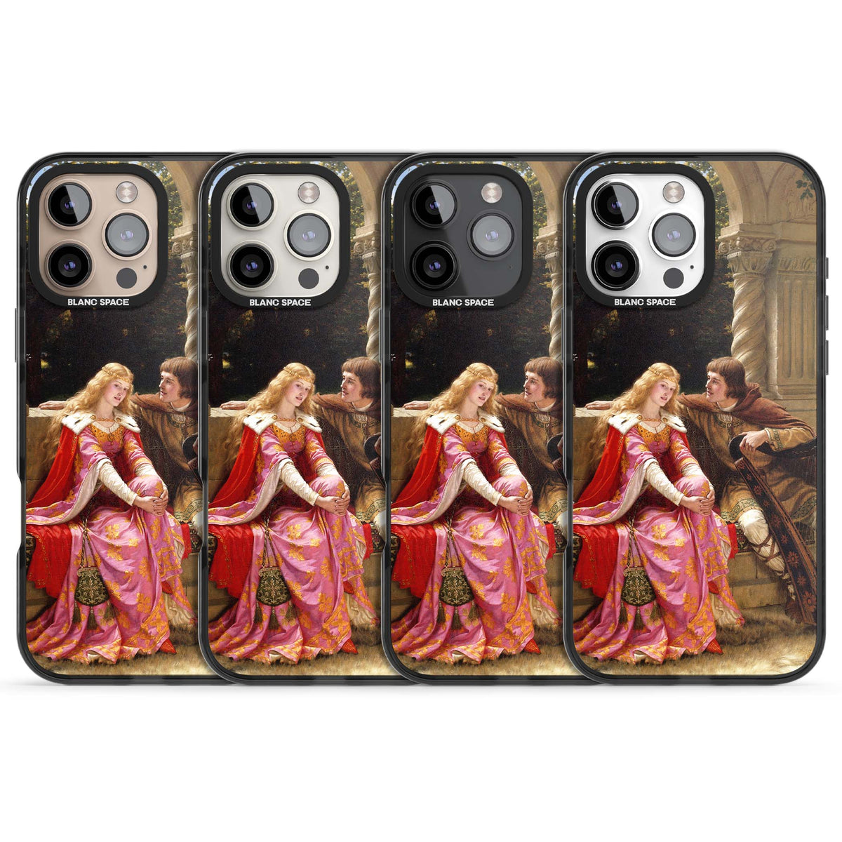The End of the Song classic art iPhone case featuring a medieval lady in pink gown and her knight in a stone archway | Black Impact case for iPhone 16 Pro, iPhone 16 Pro Max