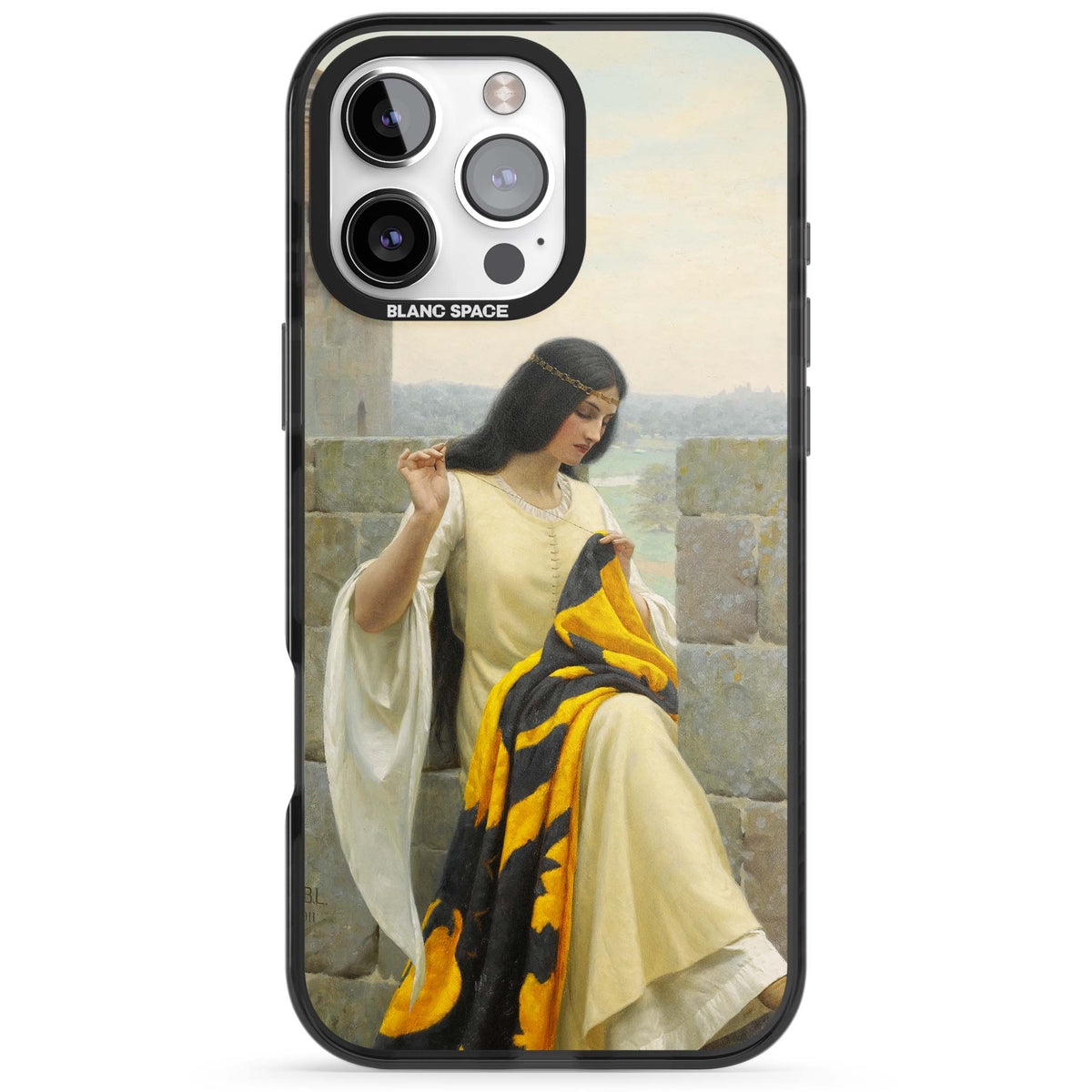 Stitching the Standard renaissance art iPhone case featuring a medieval lady sewing a golden banner on a castle wall | Black Impact case for iPhone 16 Pro, iPhone 16 Pro Max
