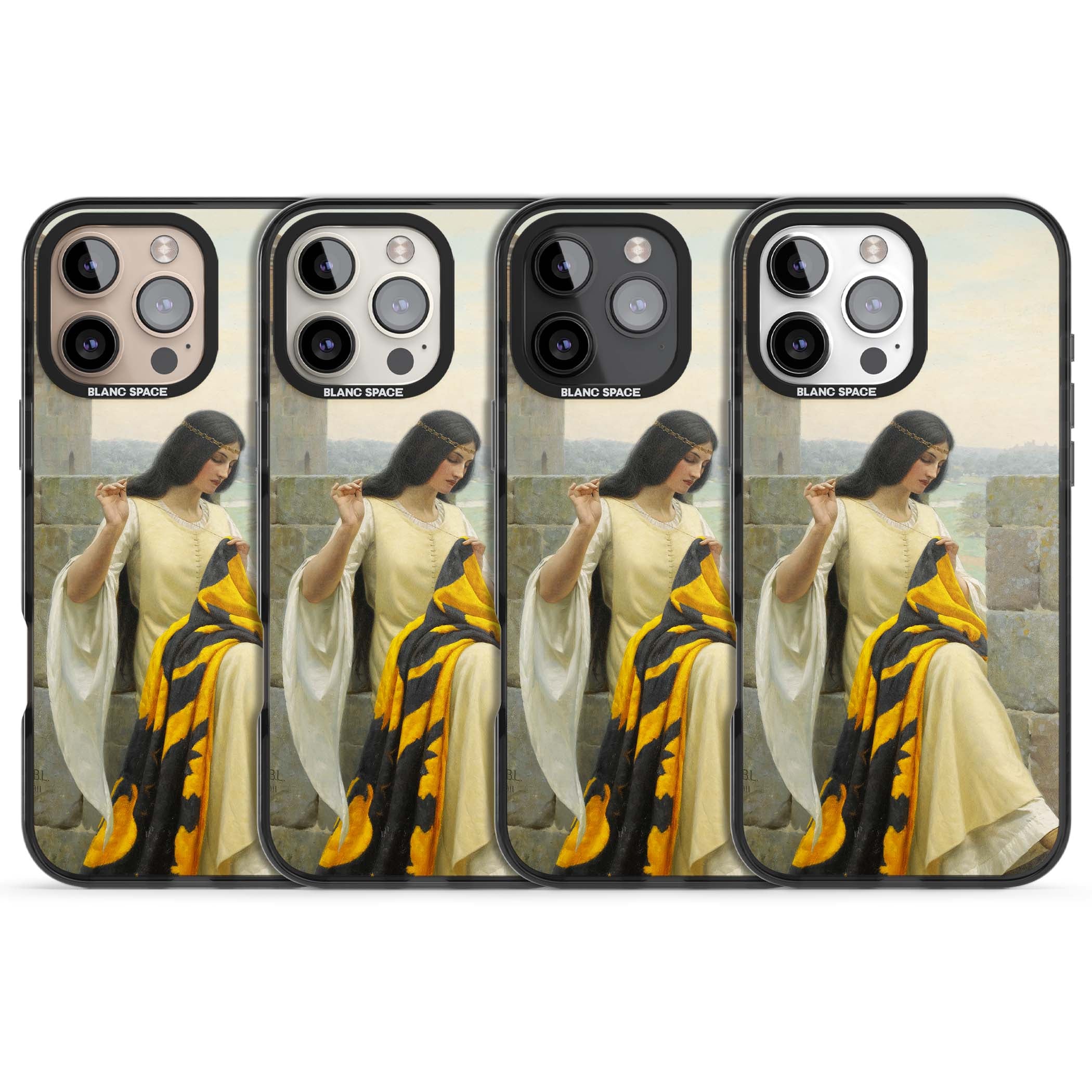 Stitching the Standard renaissance art iPhone case featuring a medieval lady sewing a golden banner on a castle wall | Black Impact case for iPhone 16 Pro, iPhone 16 Pro Max