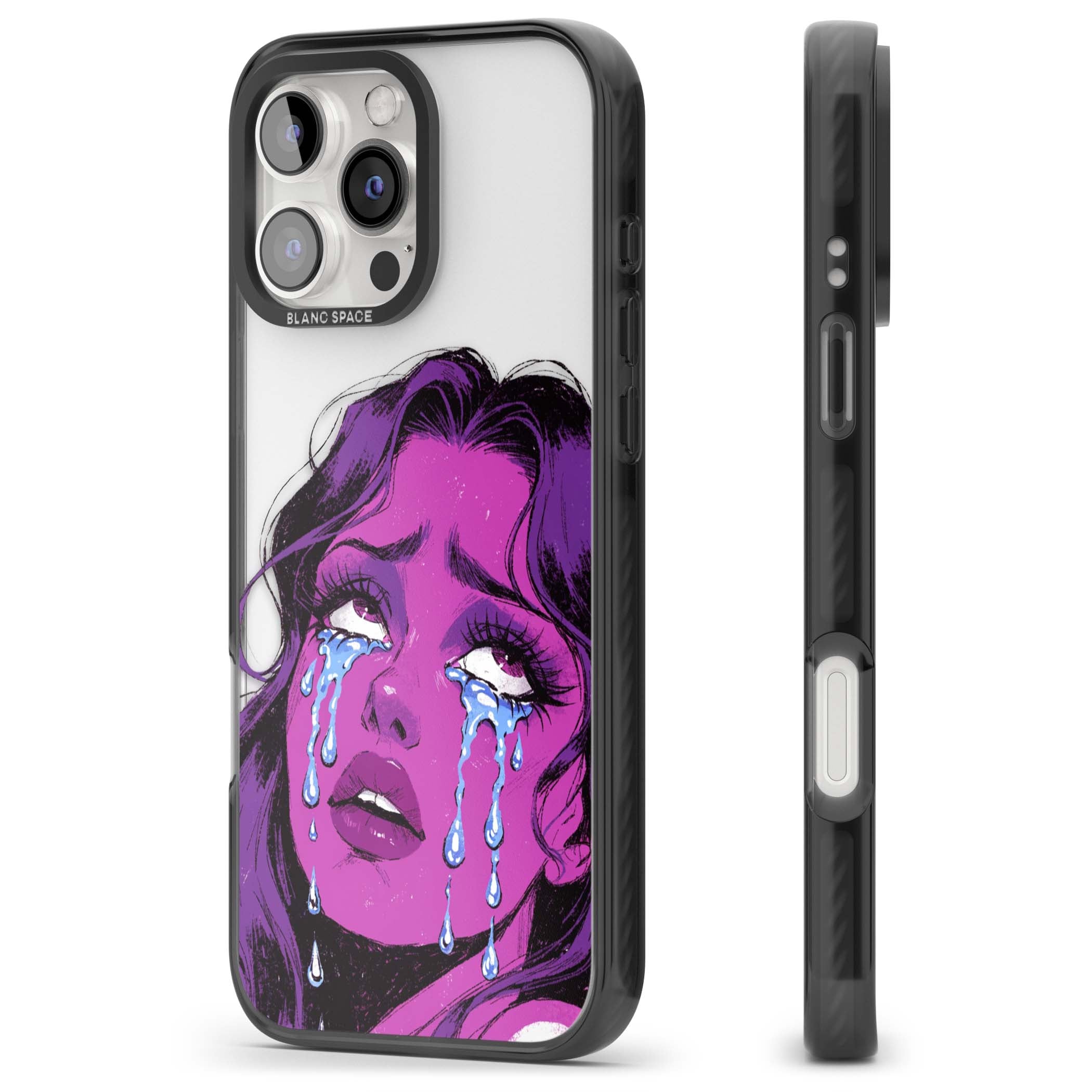Drama Queen pop art iPhone case featuring a purple crying comic girl with blue tears | Black Impact case for iPhone 16 Pro, iPhone 16 Pro Max