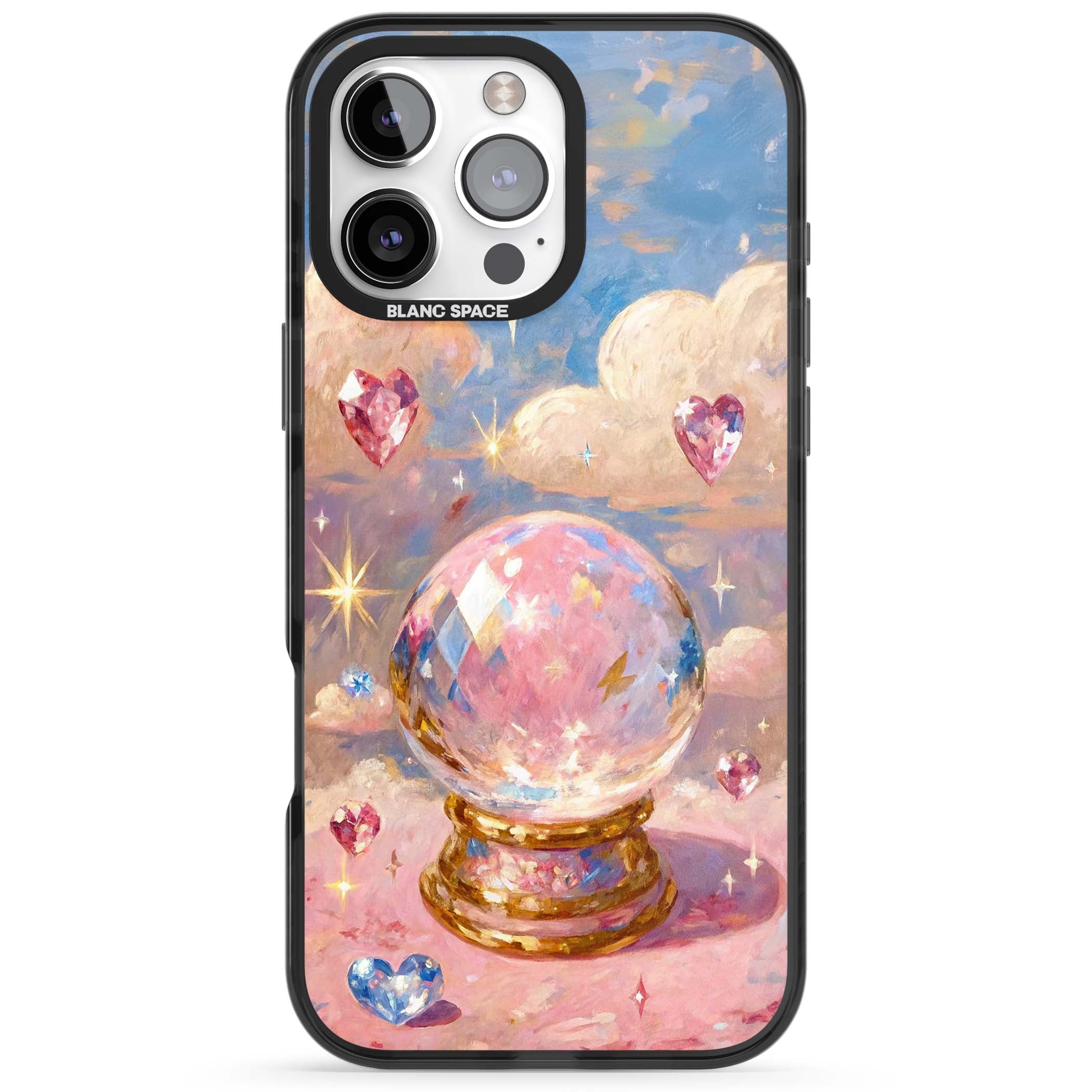 Crystal Ball fairycore iPhone case featuring a painted crystal ball, heart gemstones, and pastel clouds | Black Impact case for iPhone 16 Pro, iPhone 16 Pro Max