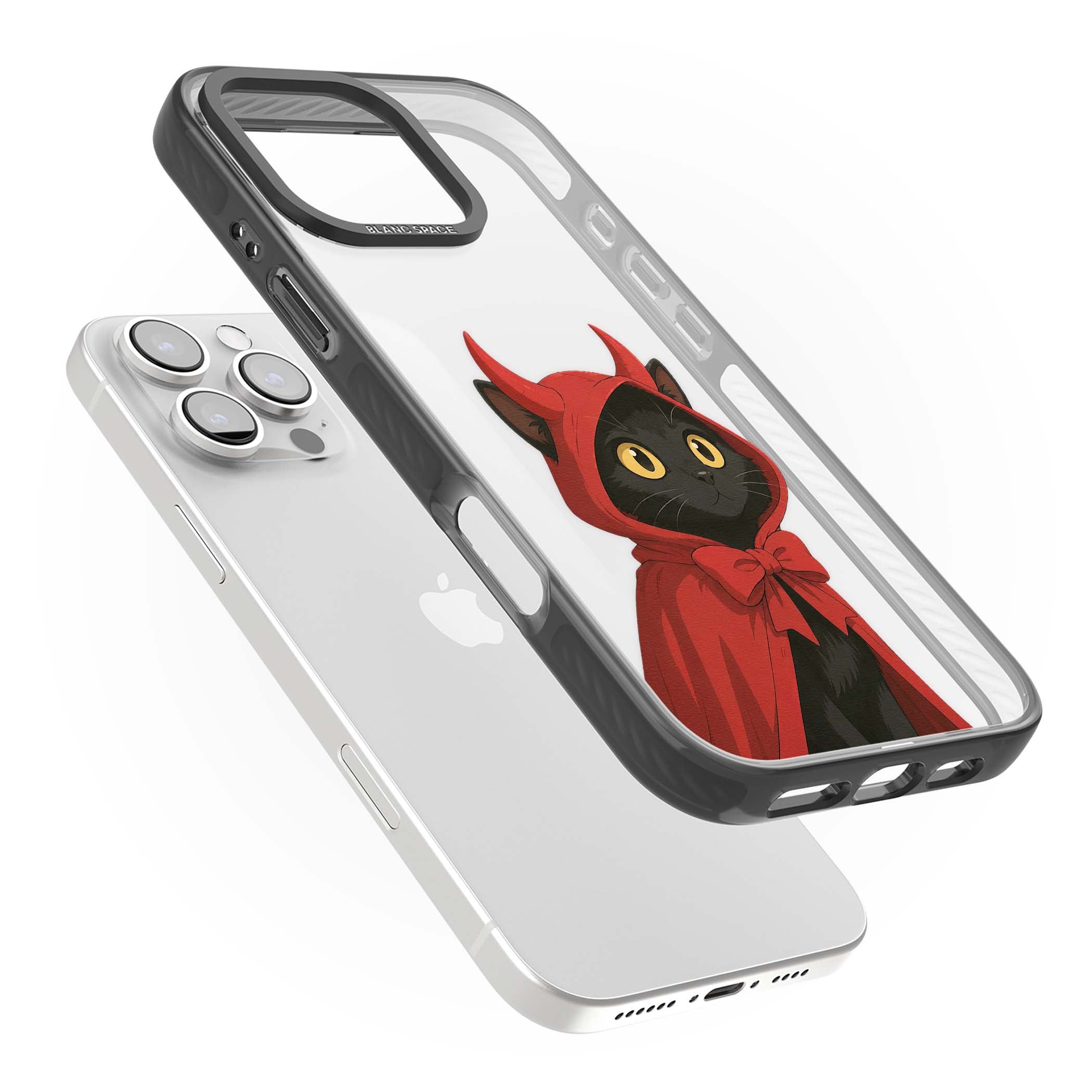 Little Devil halloween iPhone case featuring a black cat in a red hooded devil cloak with horns and golden eyes | Black Impact case for iPhone 16 Pro, iPhone 16 Pro Max