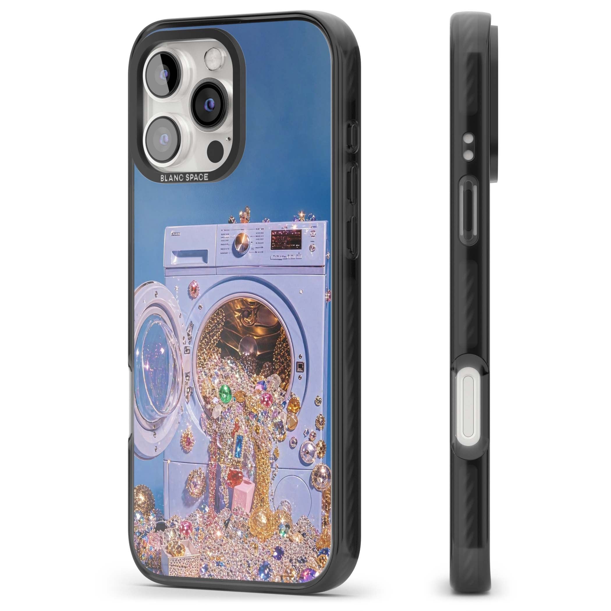 Gem Laundry baddie iPhone case featuring a surreal washing machine overflowing with colourful gemstones and crystals | Black Impact case for iPhone 16 Pro, iPhone 16 Pro Max