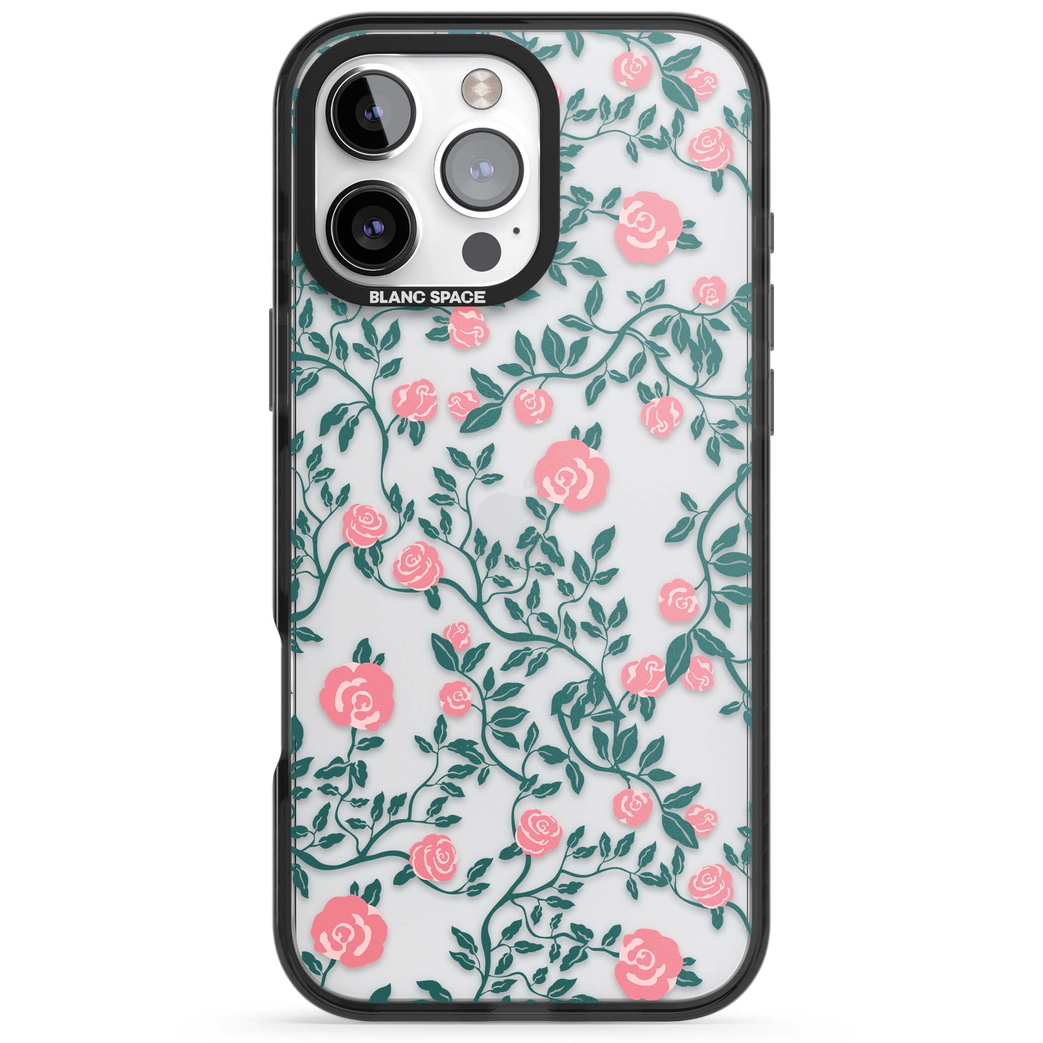 Rose Trellis (Clear) cottagecore iPhone case featuring pink climbing roses and green leaves on clear background | Black Impact case for iPhone 16 Pro, iPhone 16 Pro Max