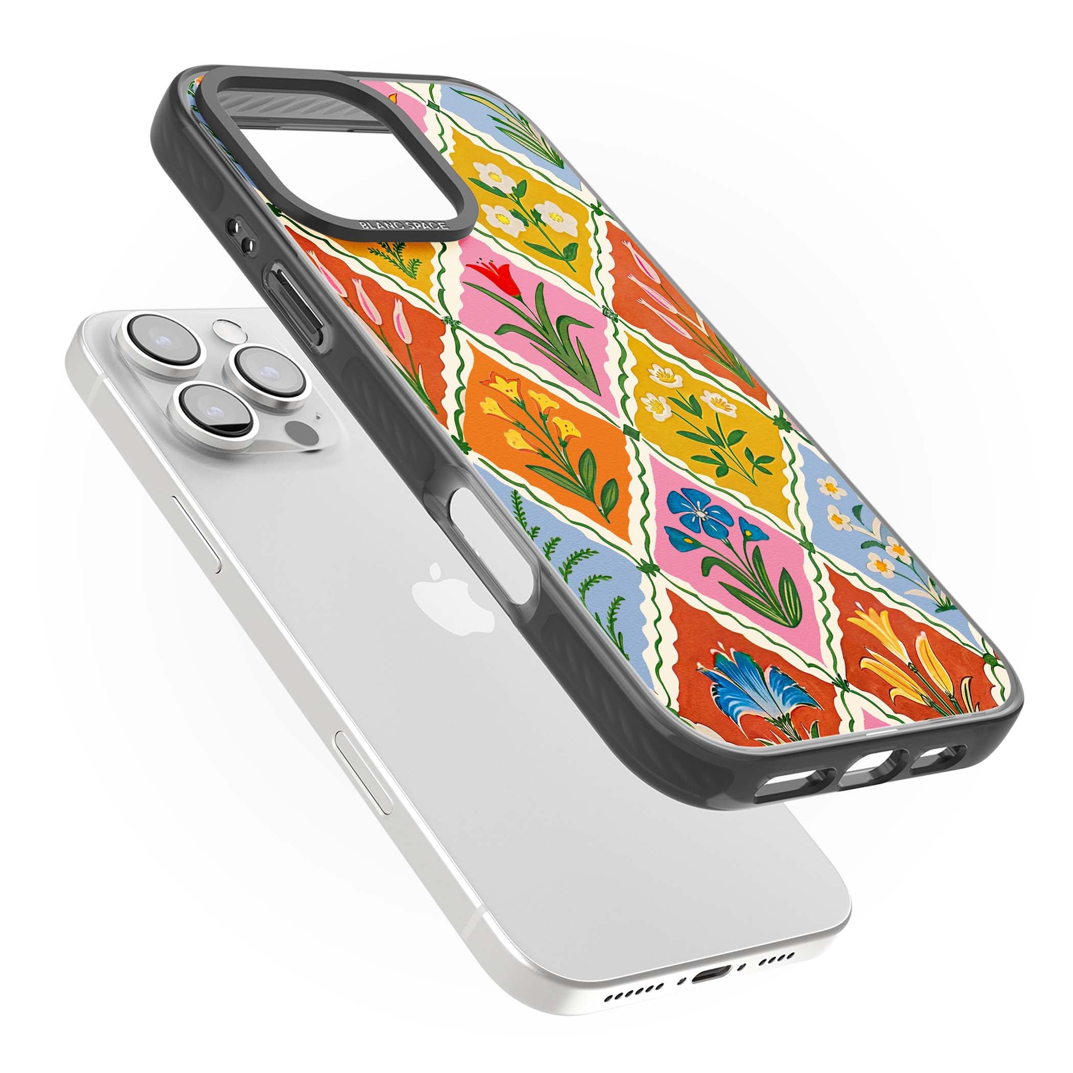 Floral Quilt boho floral iPhone case featuring diamond lattice pattern, hand-painted tulips and folk art wildflowers | Black Impact case for iPhone 16 Pro, iPhone 16 Pro Max