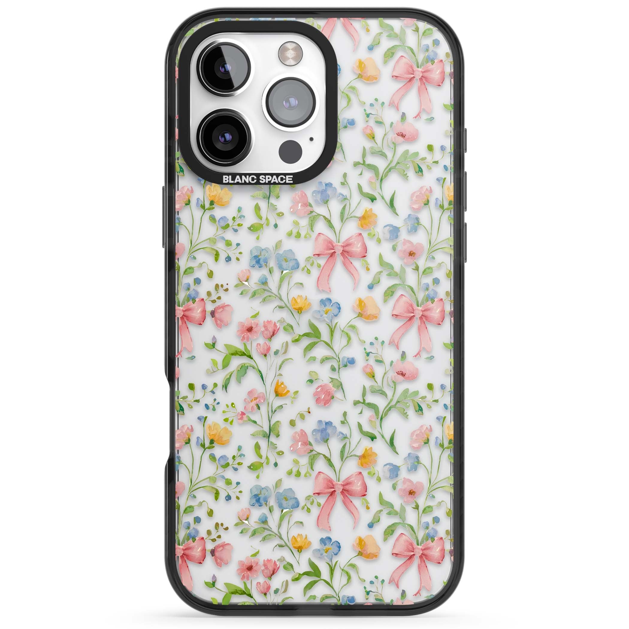 Ribbons & Wildflowers cottagecore iPhone case featuring watercolor wildflowers, pink satin bows, and delicate spring blooms o | Black Impact case for iPhone 16 Pro, iPhone 16 Pro Max