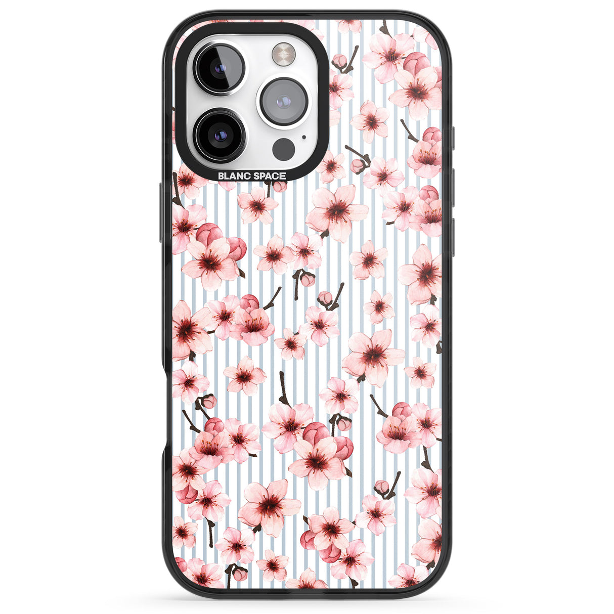 Cherry Blossoms on Blue Stripes Pattern