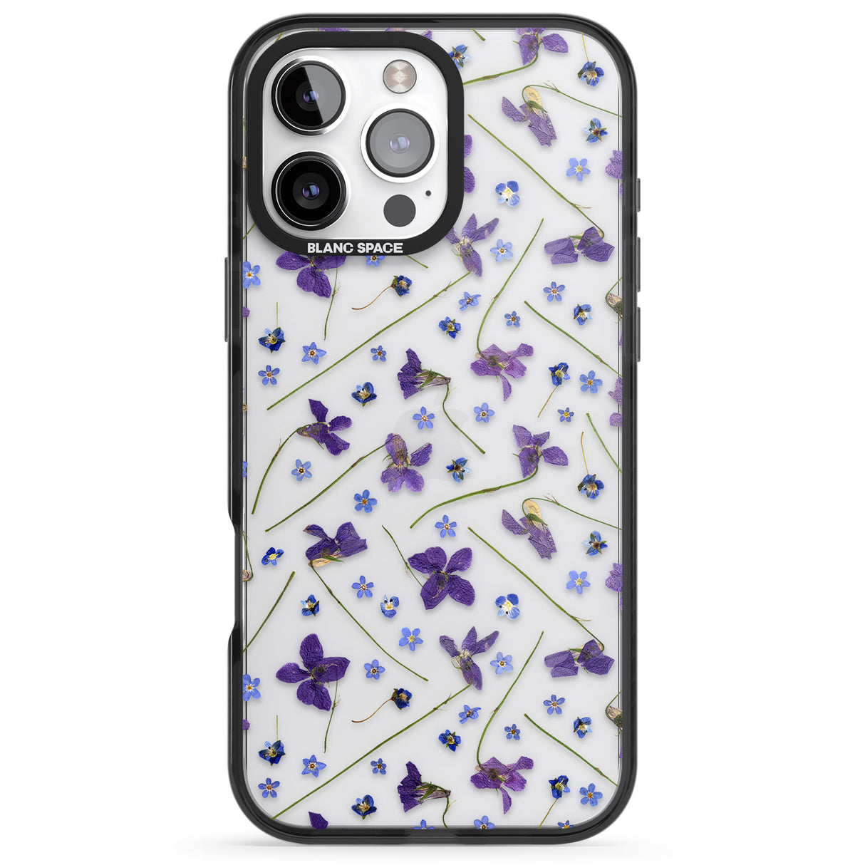 iPhone 16 Pro Max Violet & Blue Floral Pattern Design Black Impact Phone Case