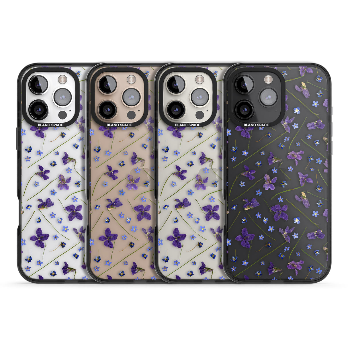 iPhone 16 Pro Max Violet & Blue Floral Pattern Design Black Impact Phone Case