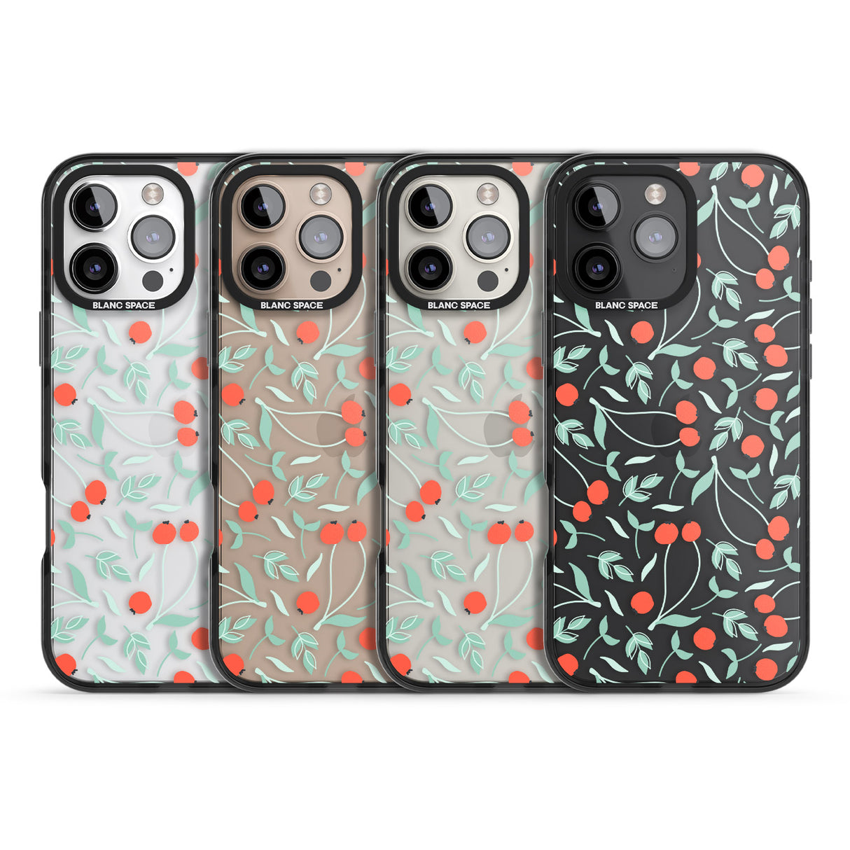 iPhone 16 Pro Max Red Berries Transparent Floral Black Impact Phone Case