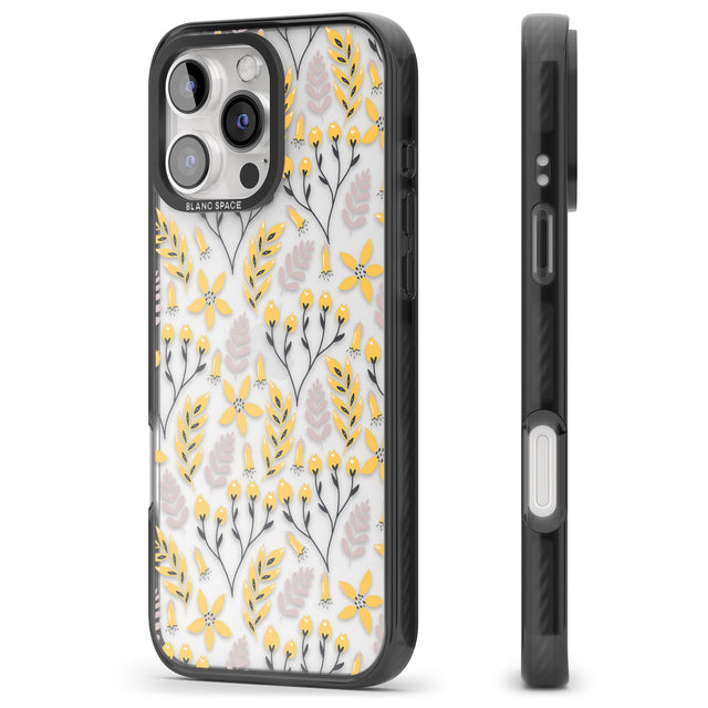 iPhone 16 Pro Max Yellow Leaves Transparent Floral Black Impact Phone Case