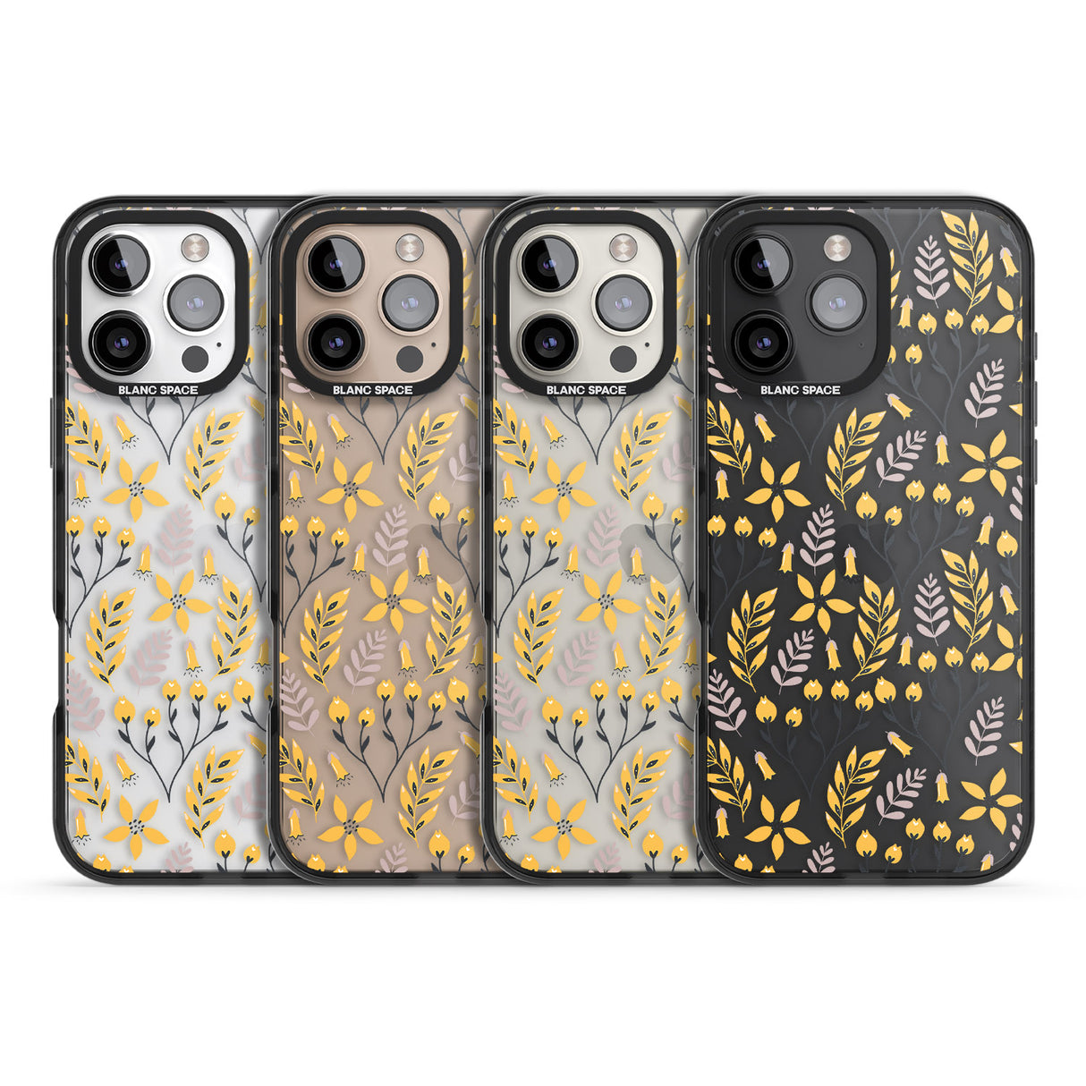 iPhone 16 Pro Max Yellow Leaves Transparent Floral Black Impact Phone Case