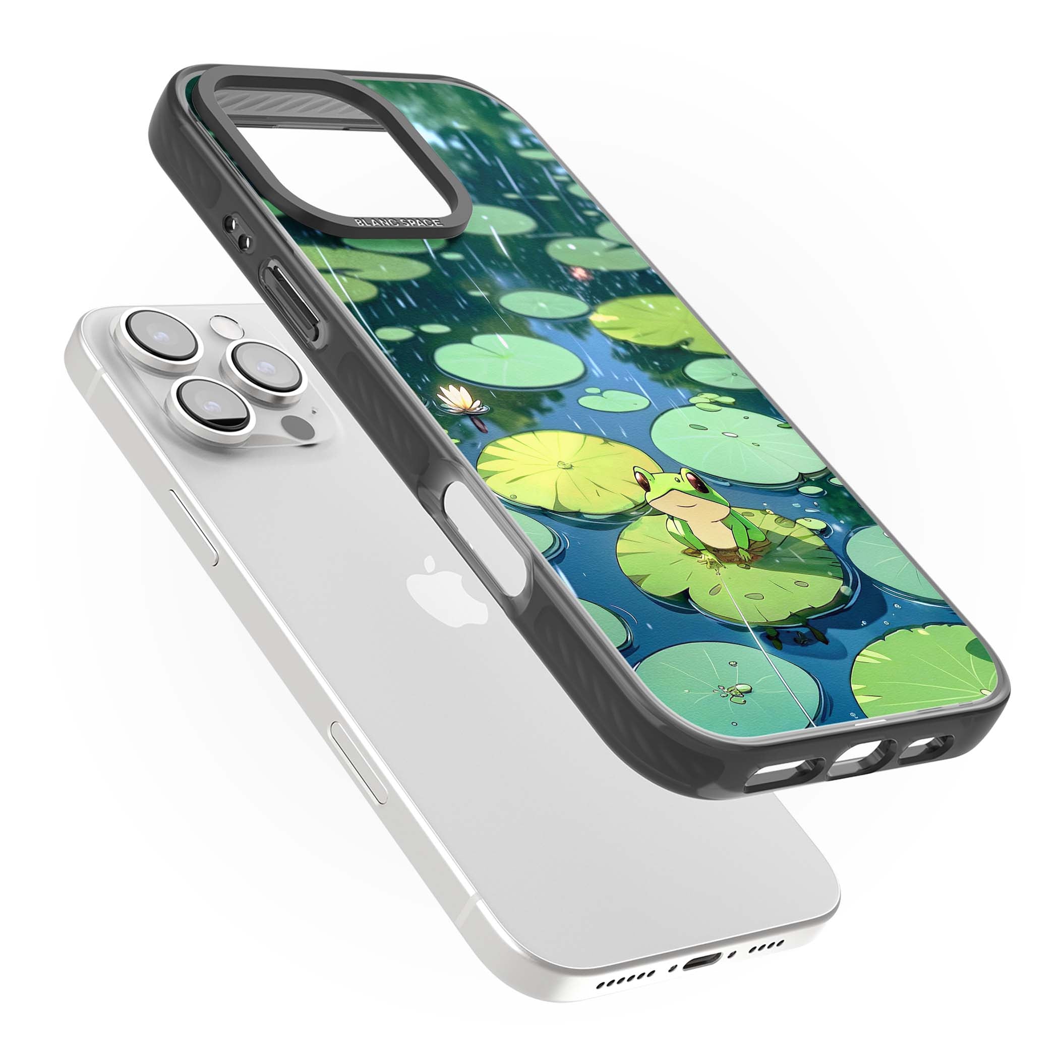 Frog In Lily Pond cottagecore iPhone case featuring a cute green frog on a lily pad with falling rain and a lotus flower | Black Impact case for iPhone 16 Pro, iPhone 16 Pro Max