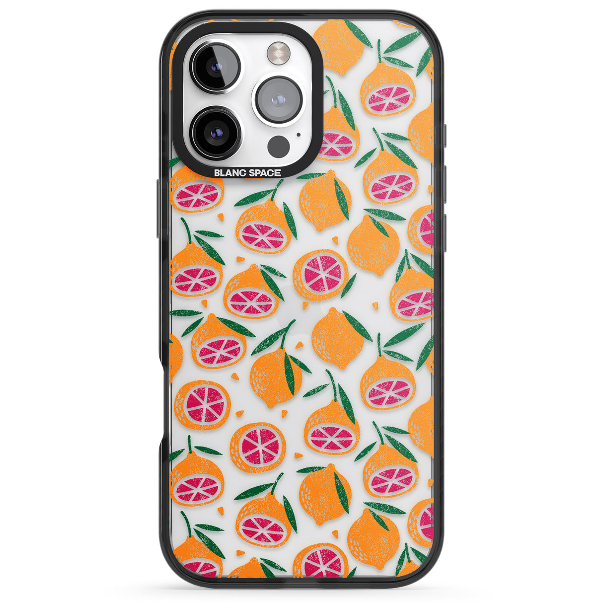 iPhone 16 Pro Max Blood Orange Fruit Pattern Transparent Black Impact Phone Case