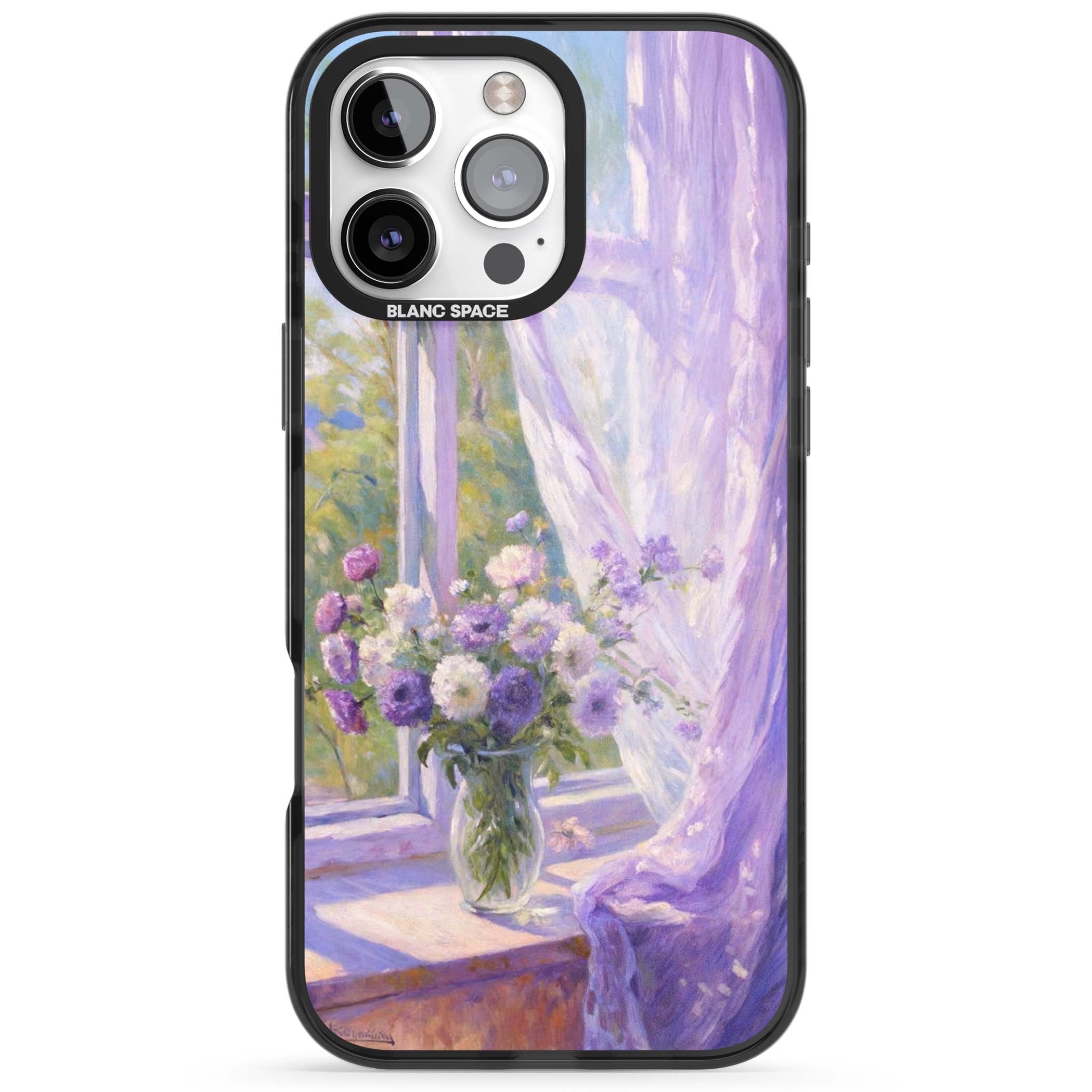 A Provence Morning impressionist art iPhone case featuring a vase of purple flowers, sunlit window and sheer curt | Black Impact case for iPhone 16 Pro, iPhone 16 Pro Max