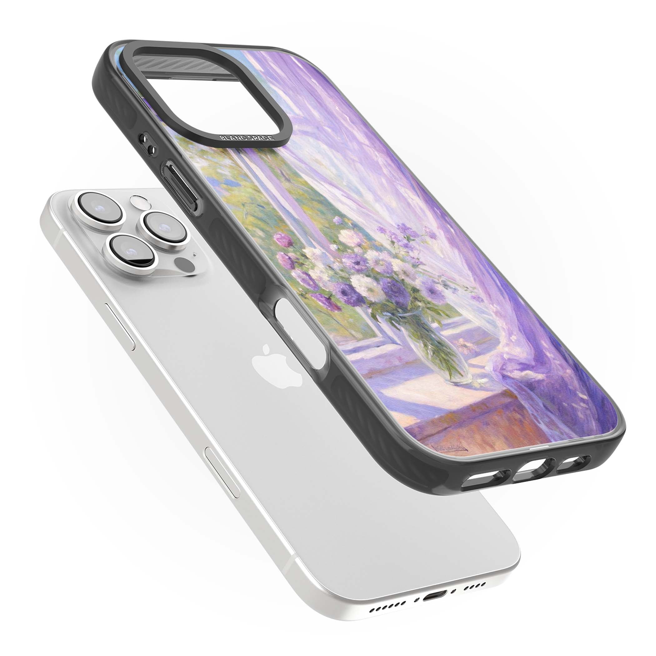 A Provence Morning impressionist art iPhone case featuring a vase of purple flowers, sunlit window and sheer curt | Black Impact case for iPhone 16 Pro, iPhone 16 Pro Max