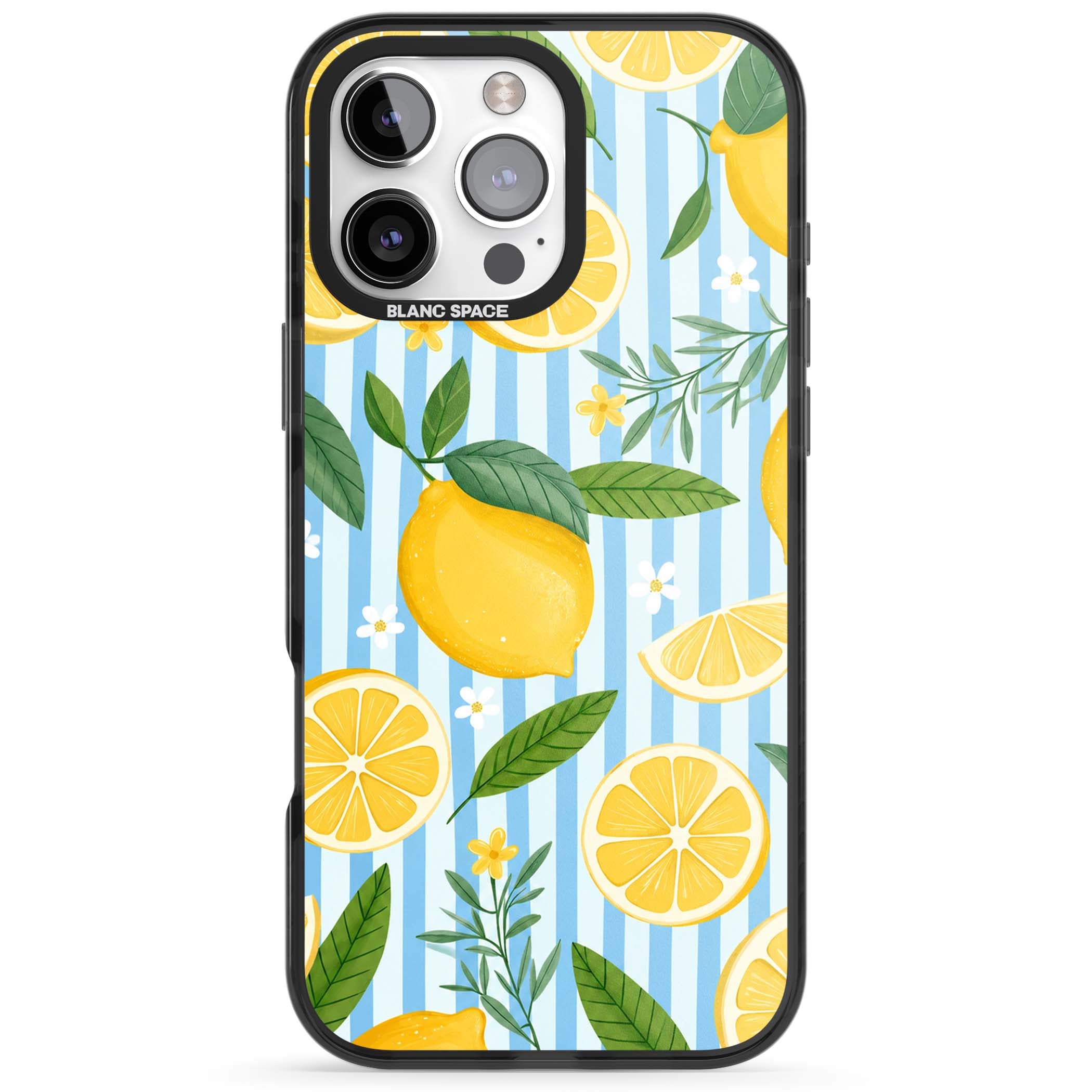 Capri Citrus Stripe coastal iPhone case featuring yellow lemons, blue stripes, and white daisy blossoms | Black Impact case for iPhone 16 Pro, iPhone 16 Pro Max