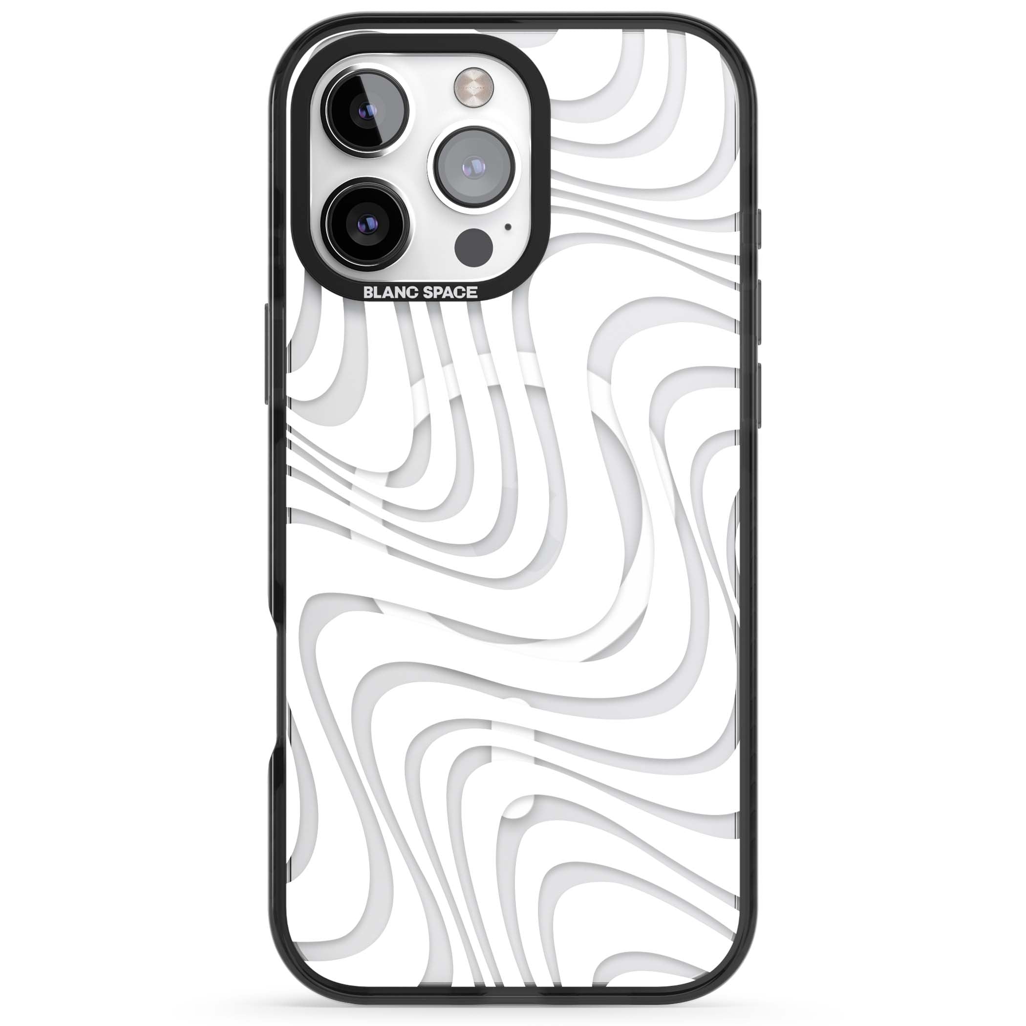 White Abstract Waves abstract iPhone case featuring flowing grey wave pattern on clear background | Black Impact Magsafe case for iPhone 16 Pro, iPhone 16 Pro Max