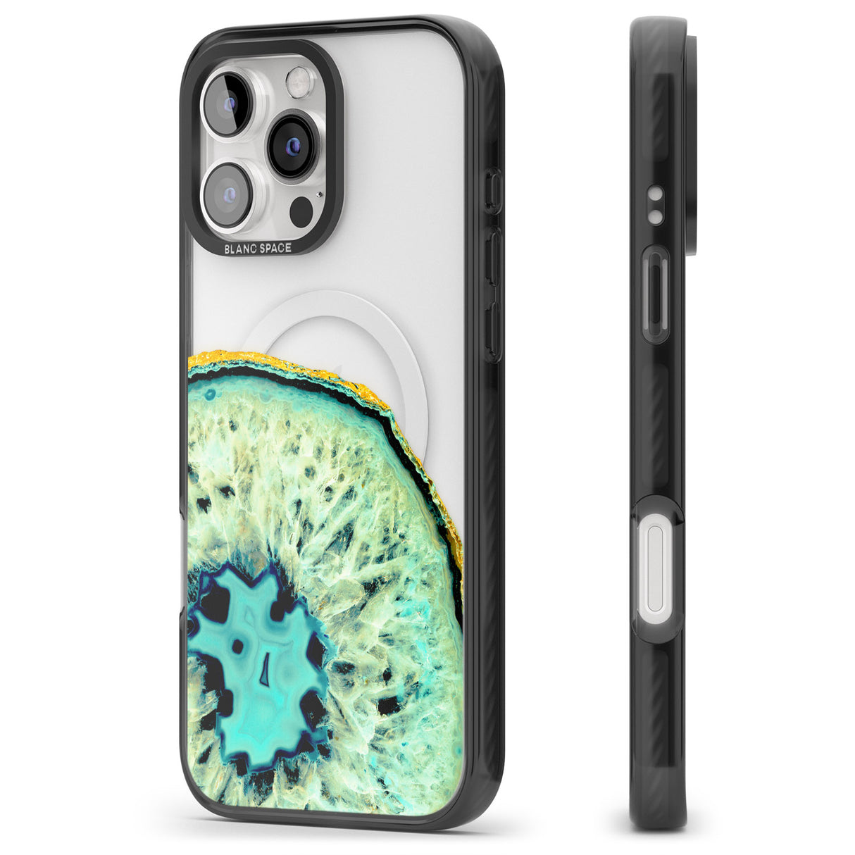 iPhone 16 Pro Max Turquoise & Green Gemstone Crystal Clear Design Black Impact Phone Case