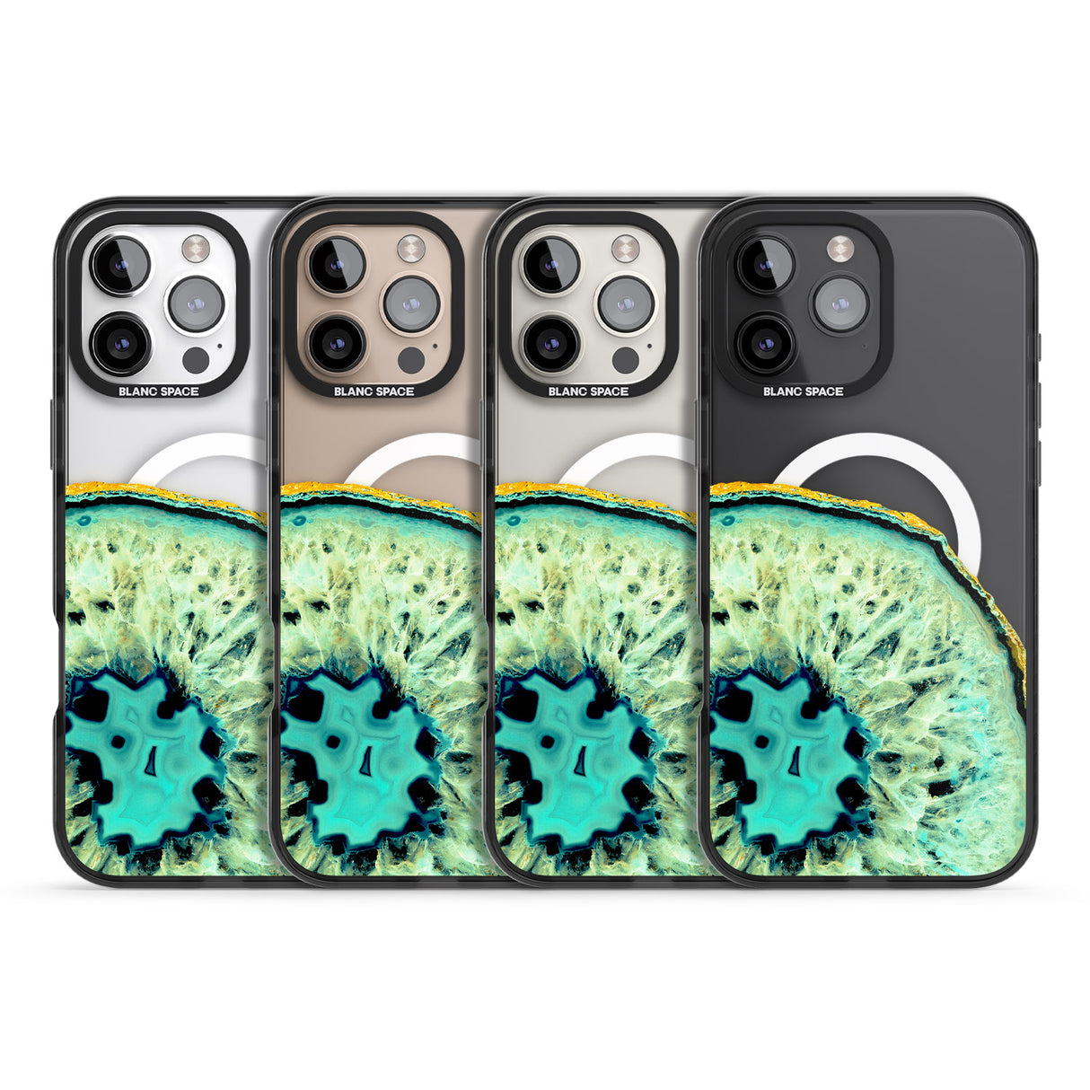 iPhone 16 Pro Max Turquoise & Green Gemstone Crystal Clear Design Black Impact Phone Case