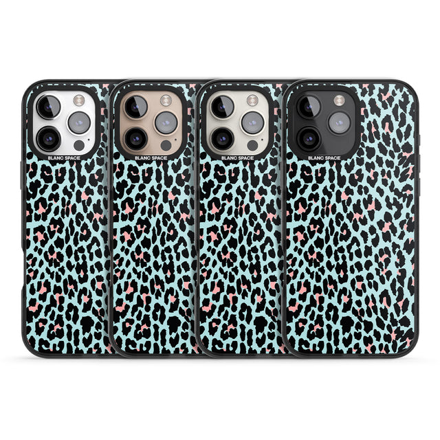 iPhone 16 Pro Max Light Pink on Blue Leopard Print Pattern Black Impact Phone Case