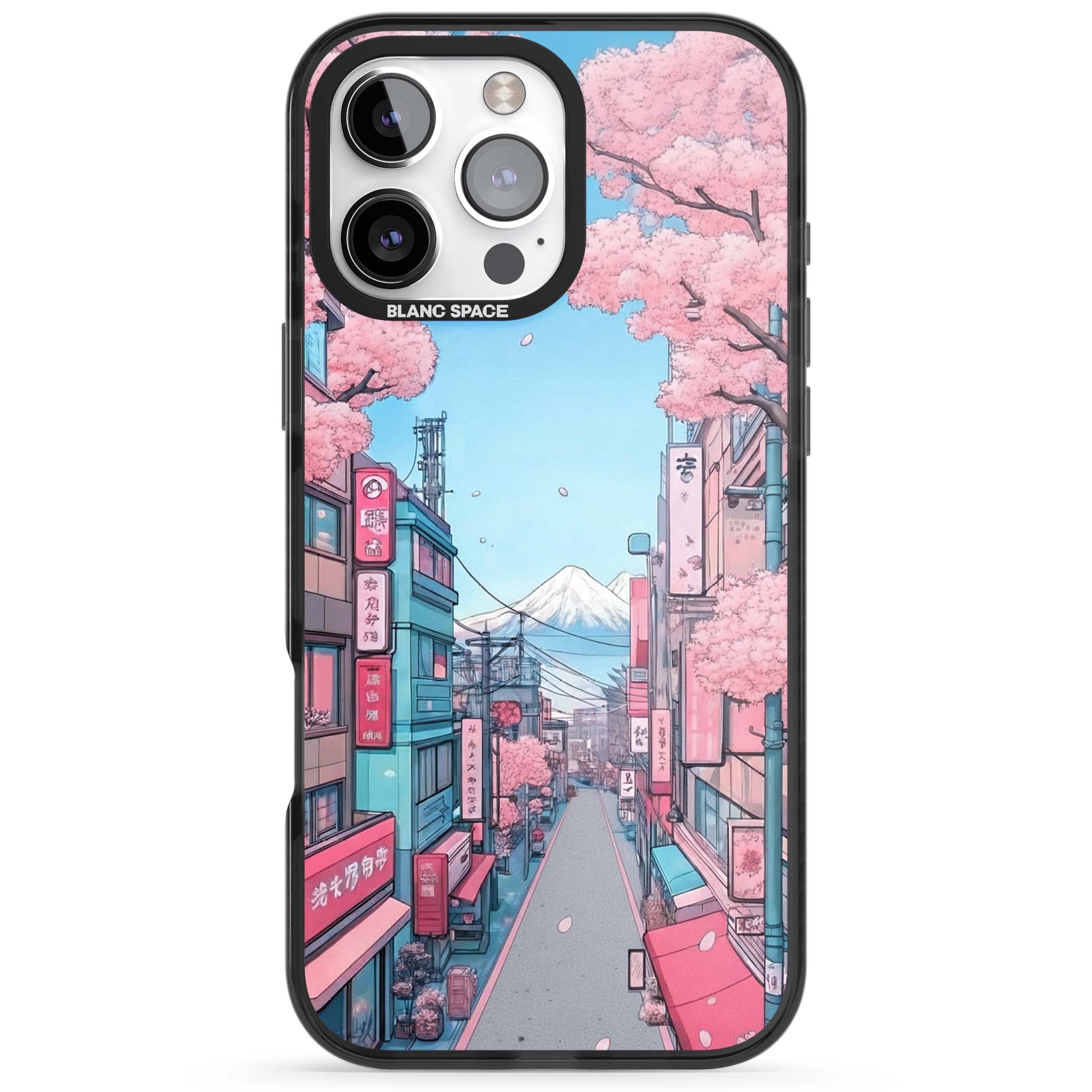 Sakura Lane anime iPhone case featuring Tokyo street scene with cherry blossoms and Mount Fuji | Black Impact Magsafe case for iPhone 16 Pro, iPhone 16 Pro Max