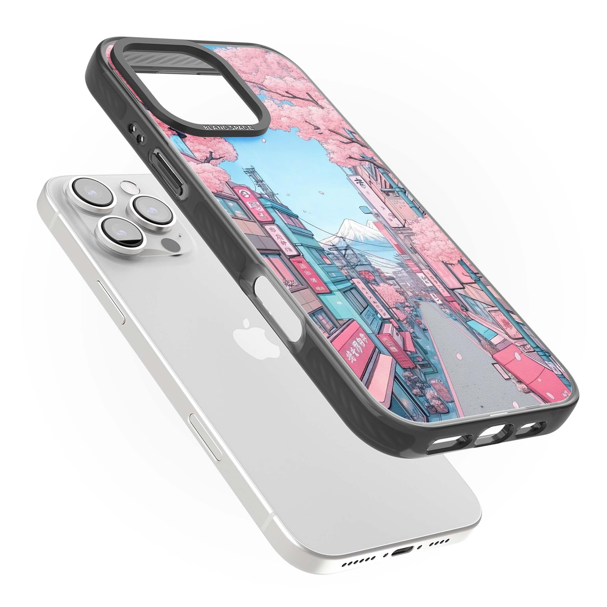 Sakura Lane anime iPhone case featuring Tokyo street scene with cherry blossoms and Mount Fuji | Black Impact Magsafe case for iPhone 16 Pro, iPhone 16 Pro Max