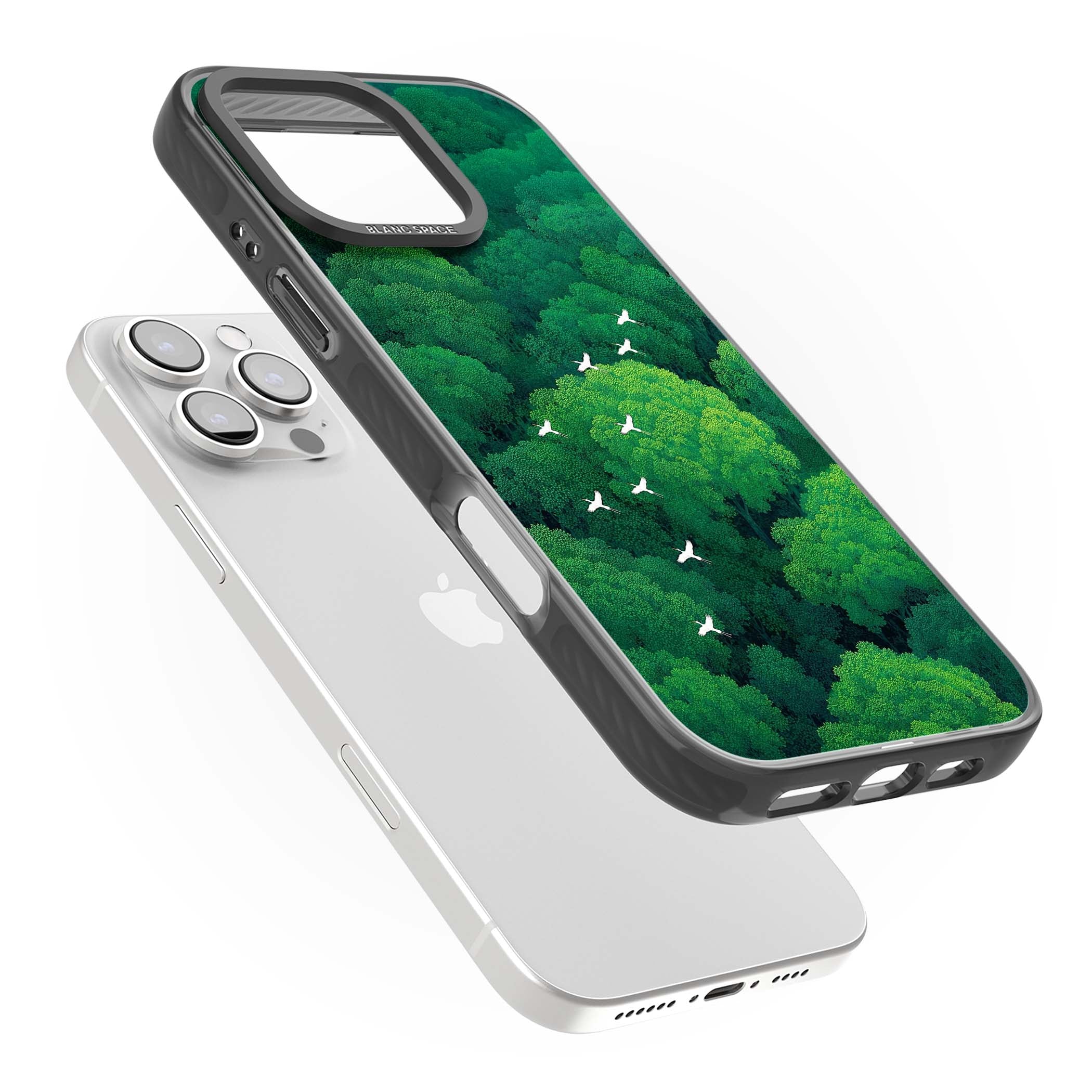 Grove Migration forest iPhone case featuring white cranes flying over lush green treetop canopy | Black Impact Magsafe case for iPhone 16 Pro, iPhone 16 Pro Max