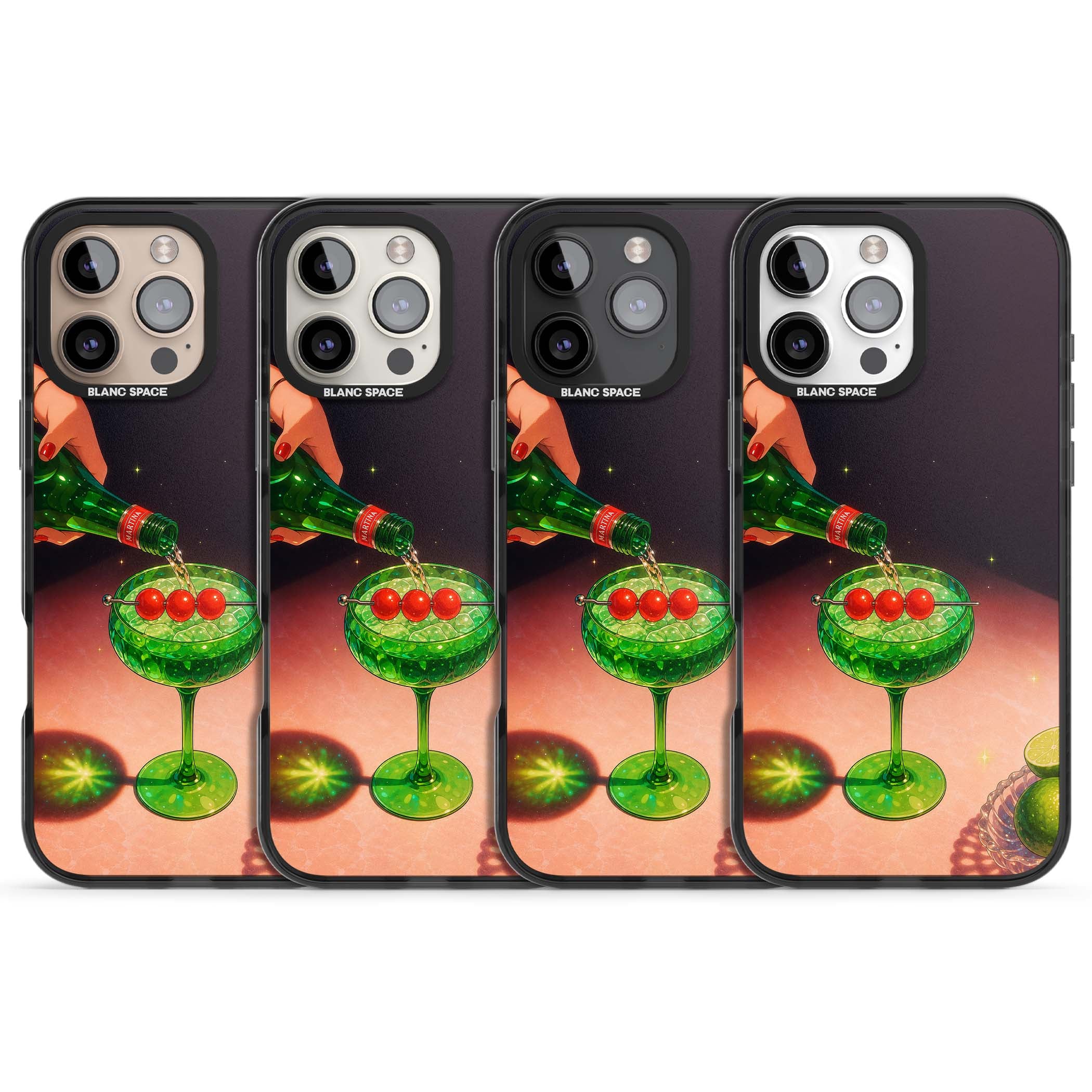 Absinthe Hour cocktail iPhone case featuring a green coupe glass, cherry garnish and vintage bottle pour illustration | Black Impact Magsafe case for iPhone 16 Pro, iPhone 16 Pro Max