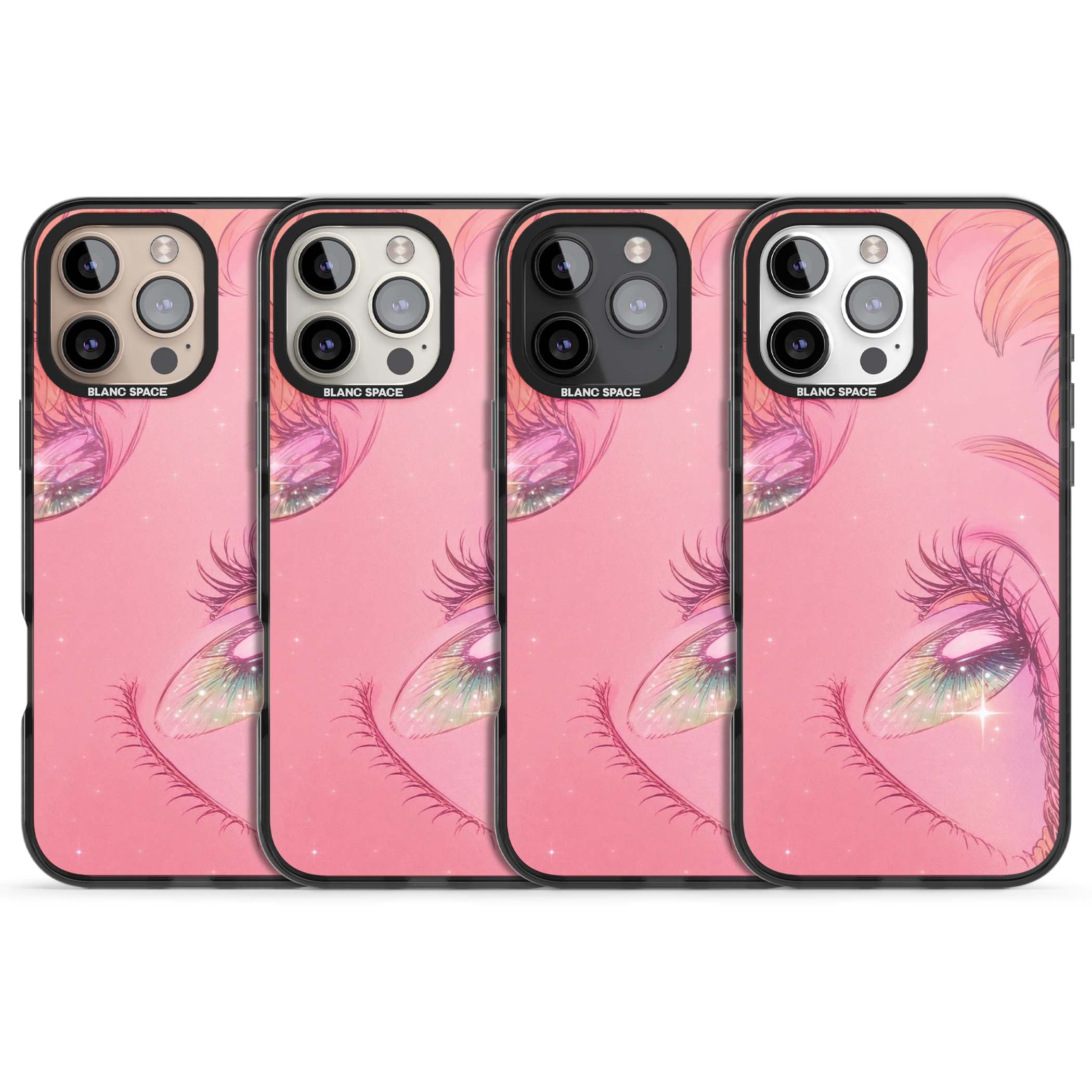 Pink Ethereal Gaze anime iPhone case featuring sparkling manga eyes, coral lashes and dreamy peach sky | Black Impact Magsafe case for iPhone 16 Pro, iPhone 16 Pro Max
