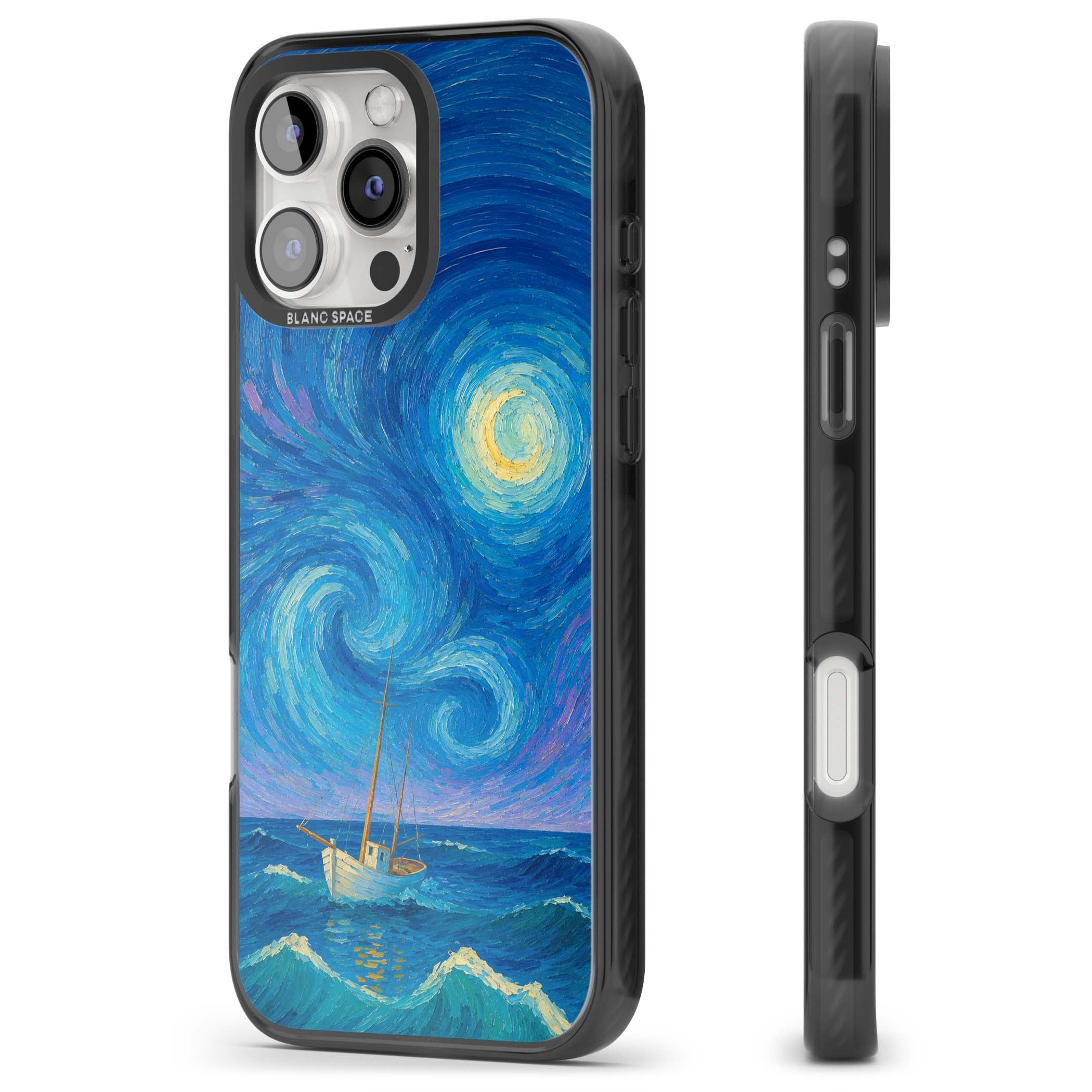 Moonlit Tide Van Gogh art iPhone case featuring swirling starry night sky, glowing moon and lone sailing boat at sea | Black Impact Magsafe case for iPhone 16 Pro, iPhone 16 Pro Max