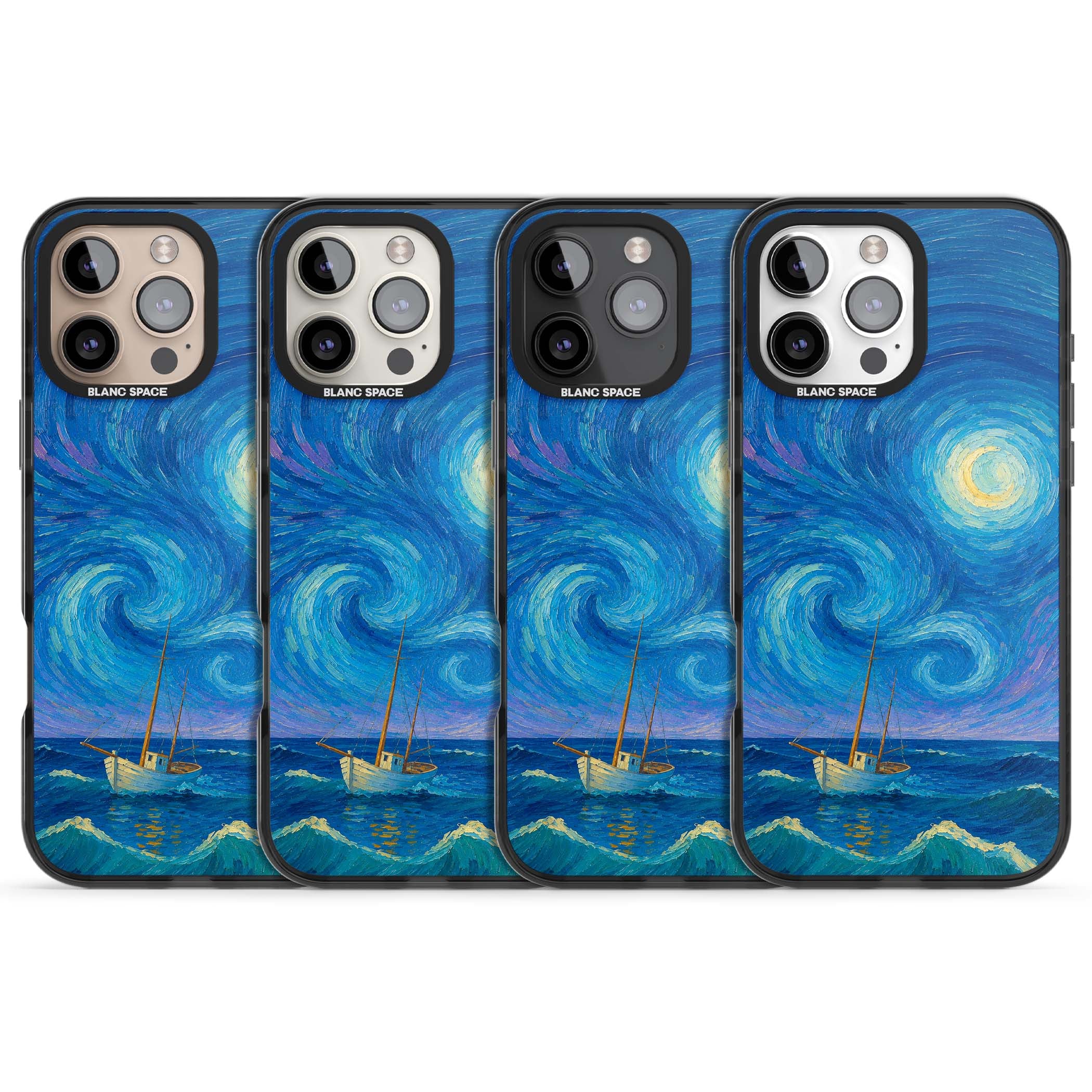 Moonlit Tide Van Gogh art iPhone case featuring swirling starry night sky, glowing moon and lone sailing boat at sea | Black Impact Magsafe case for iPhone 16 Pro, iPhone 16 Pro Max