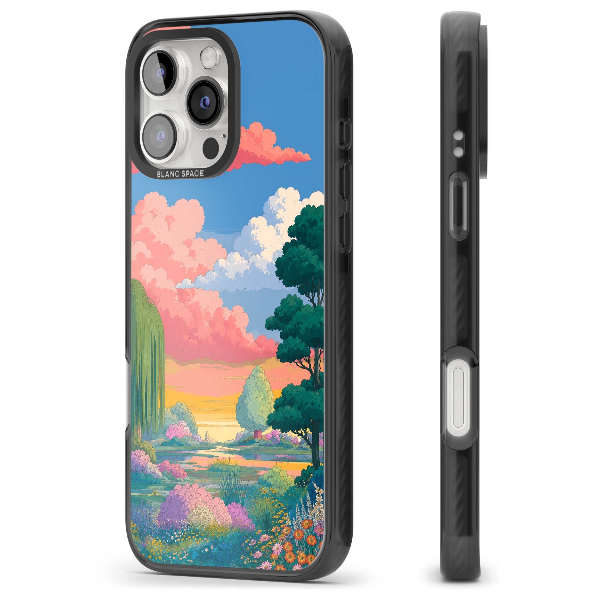 Dream Valley anime landscape iPhone case featuring pink sunset clouds, willow trees and wildflowers | Black Impact Magsafe case for iPhone 16 Pro, iPhone 16 Pro Max