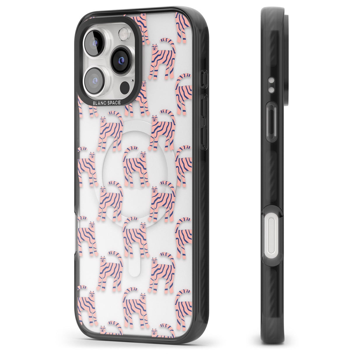 iPhone 16 Pro Max Pink and Blue Cat Pattern Black Impact Phone Case