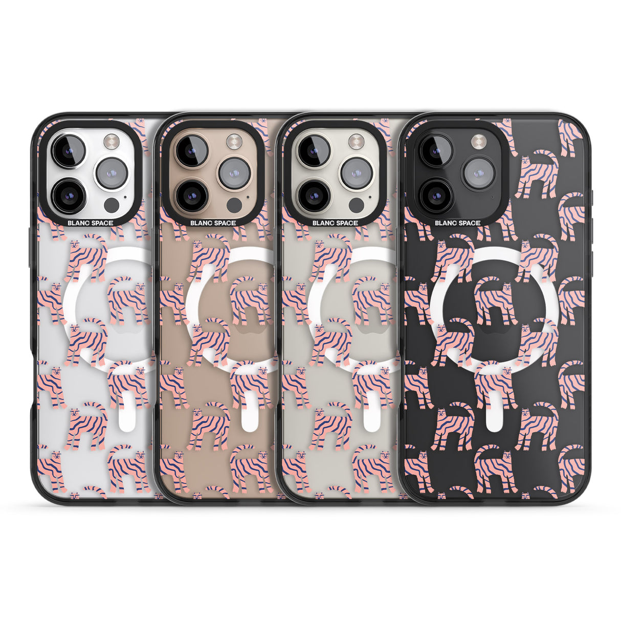 iPhone 16 Pro Max Pink and Blue Cat Pattern Black Impact Phone Case