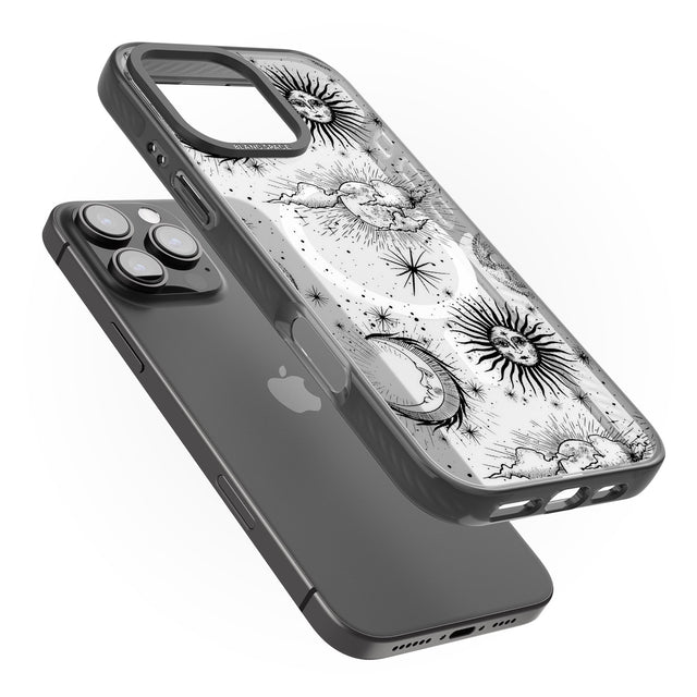 iPhone 16 Pro Max Transparent Suns, Moons & Clouds Black Impact Phone Case