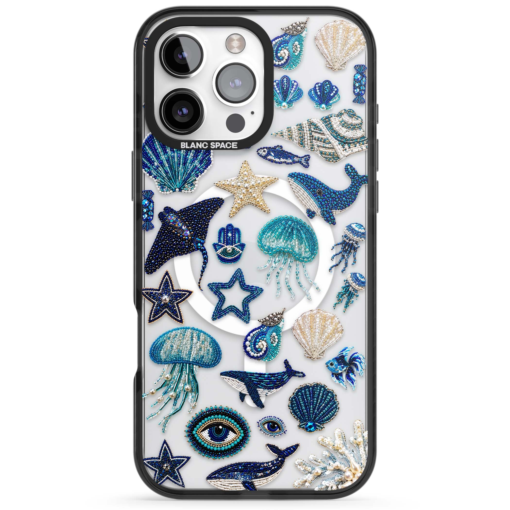 Beaded Coastal coastal iPhone case featuring embroidered seashells, jellyfish and a blue whale on clear | Black Impact Magsafe case for iPhone 16 Pro, iPhone 16 Pro Max