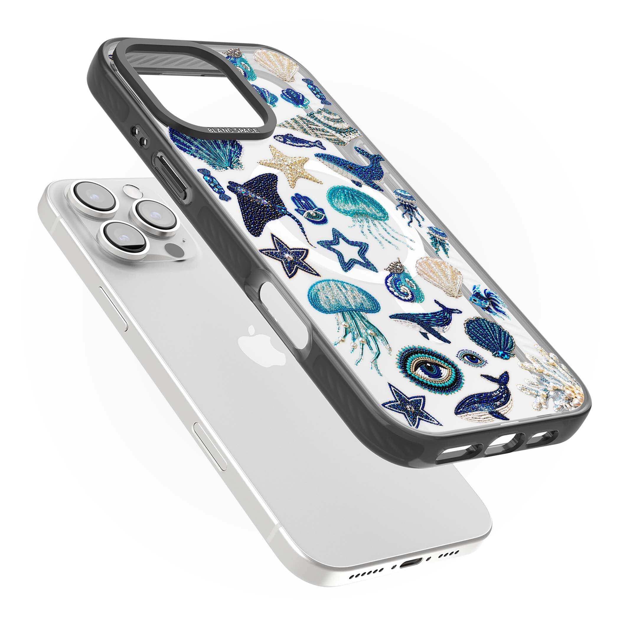 Beaded Coastal coastal iPhone case featuring embroidered seashells, jellyfish and a blue whale on clear | Black Impact Magsafe case for iPhone 16 Pro, iPhone 16 Pro Max