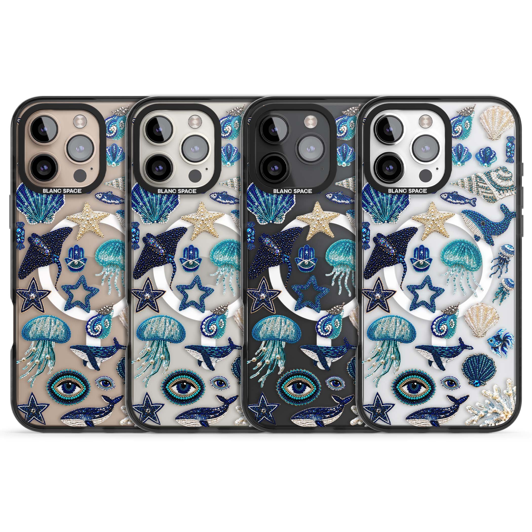 Beaded Coastal coastal iPhone case featuring embroidered seashells, jellyfish and a blue whale on clear | Black Impact Magsafe case for iPhone 16 Pro, iPhone 16 Pro Max