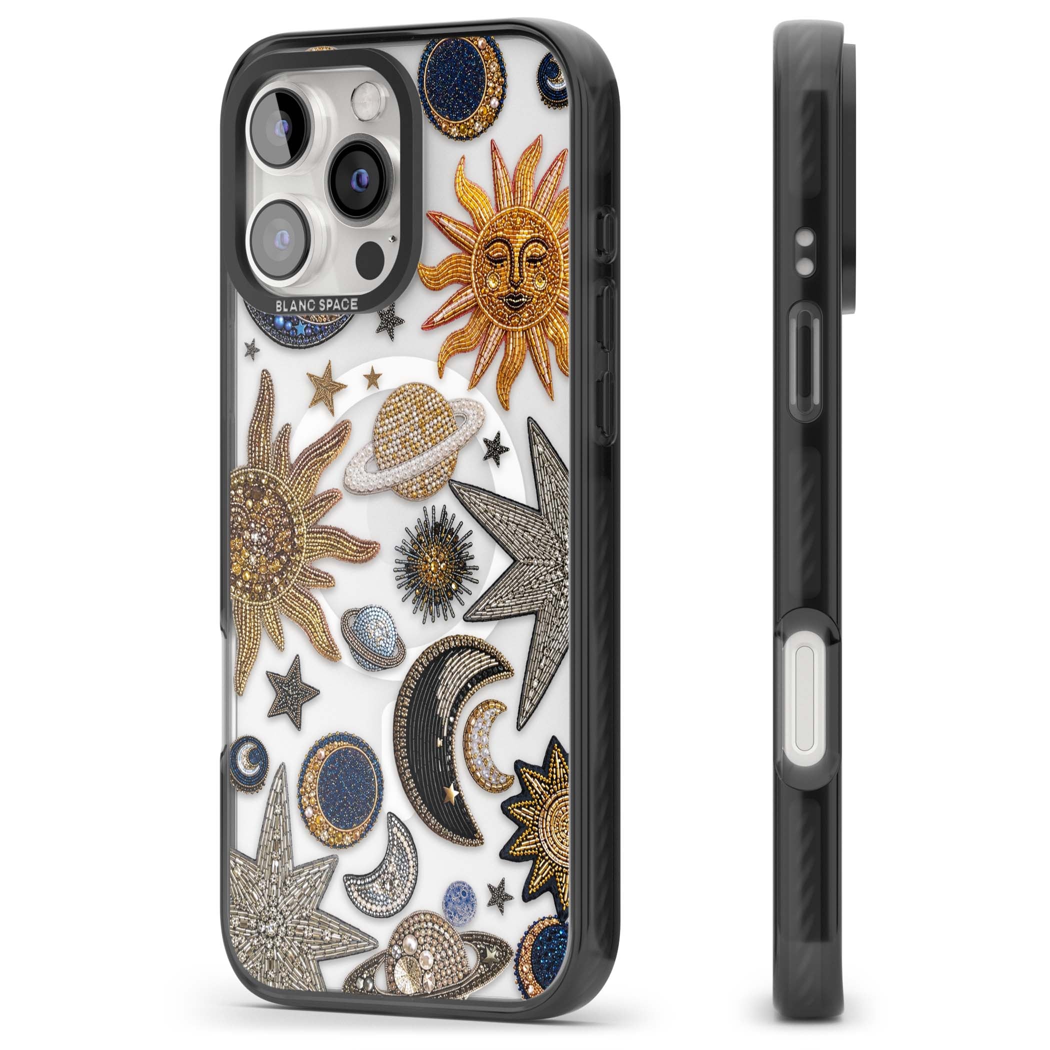 Beaded Cosmos celestial iPhone case featuring embroidered golden suns, beaded planets and silver shooting stars | Black Impact Magsafe case for iPhone 16 Pro, iPhone 16 Pro Max